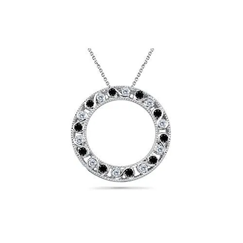 0.25 Ct Black & White Diamond Circle Filigree Pendant- 18K White Gold
