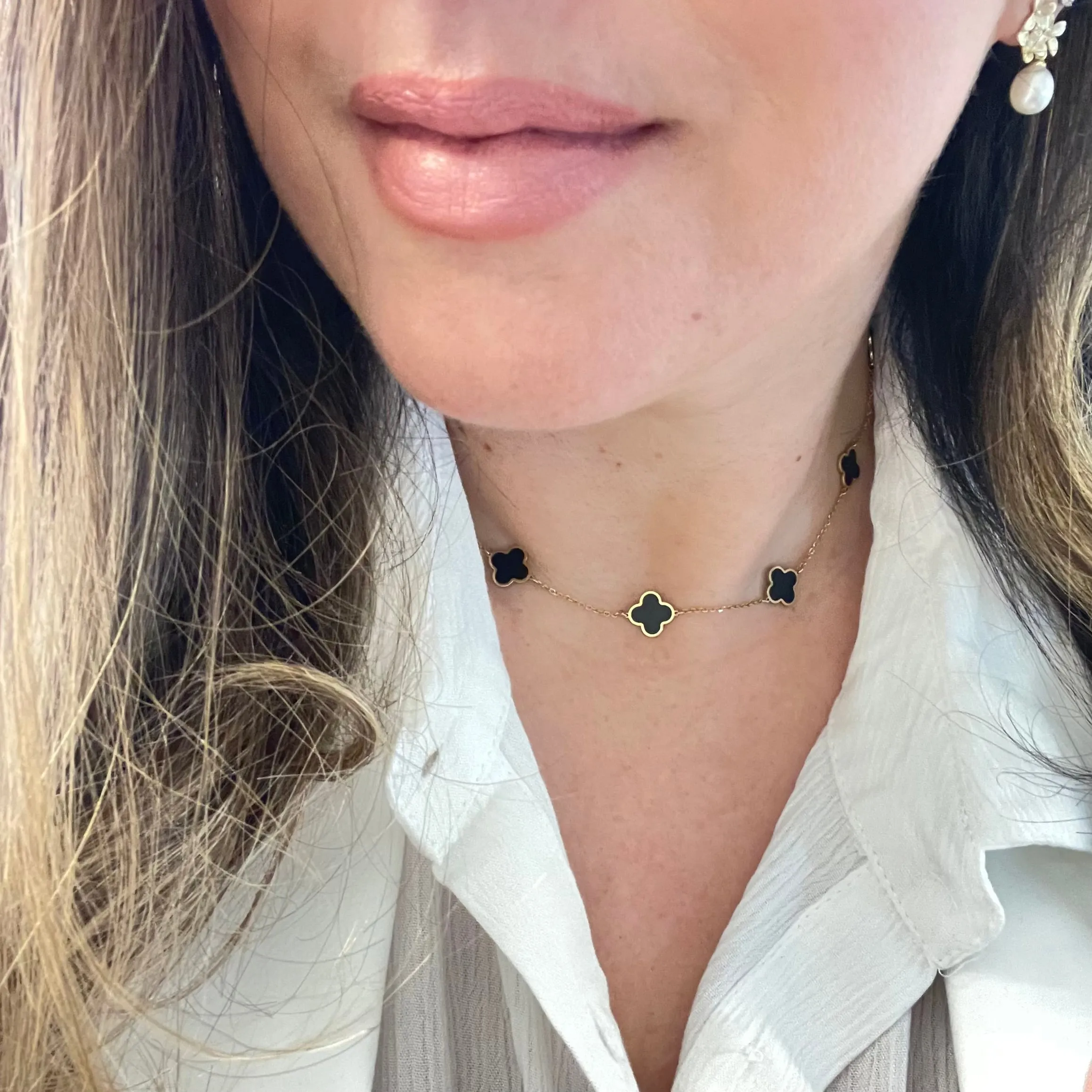 14K Gold Clover Black Onyx Necklace