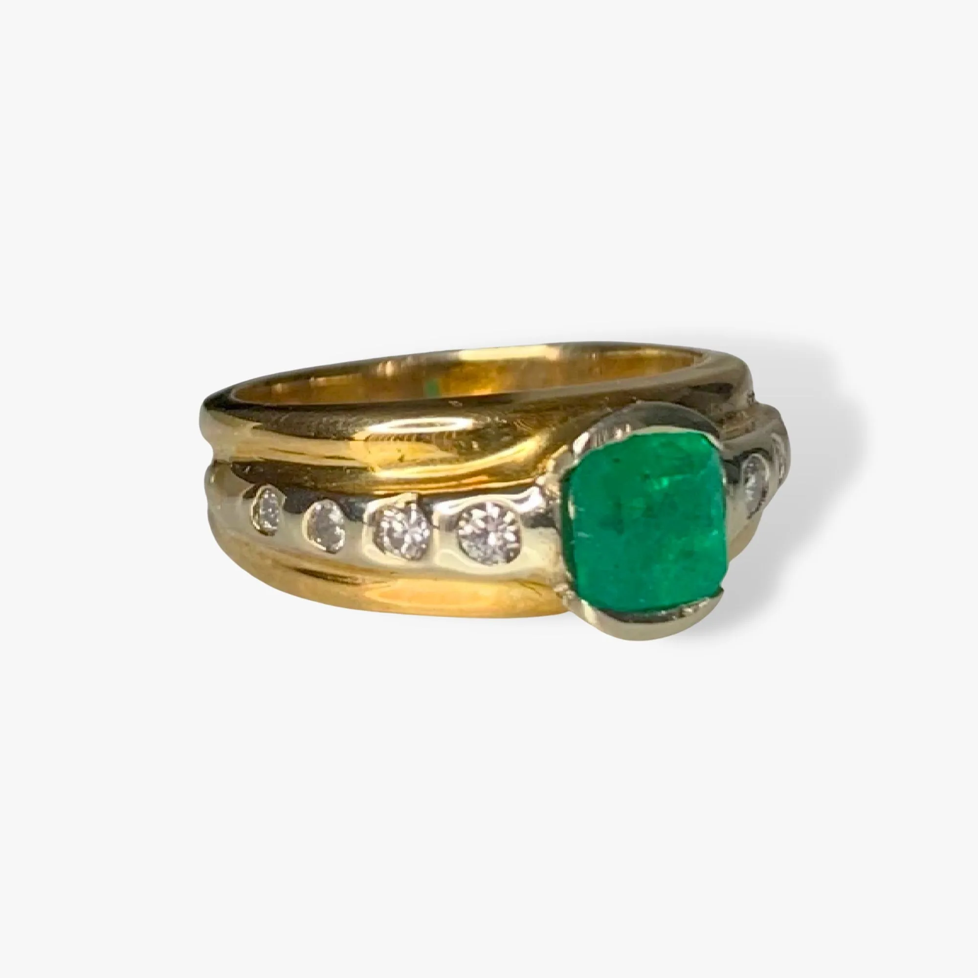 14k Yellow and White Gold Emerald and Diamond Vintage Signet Ring