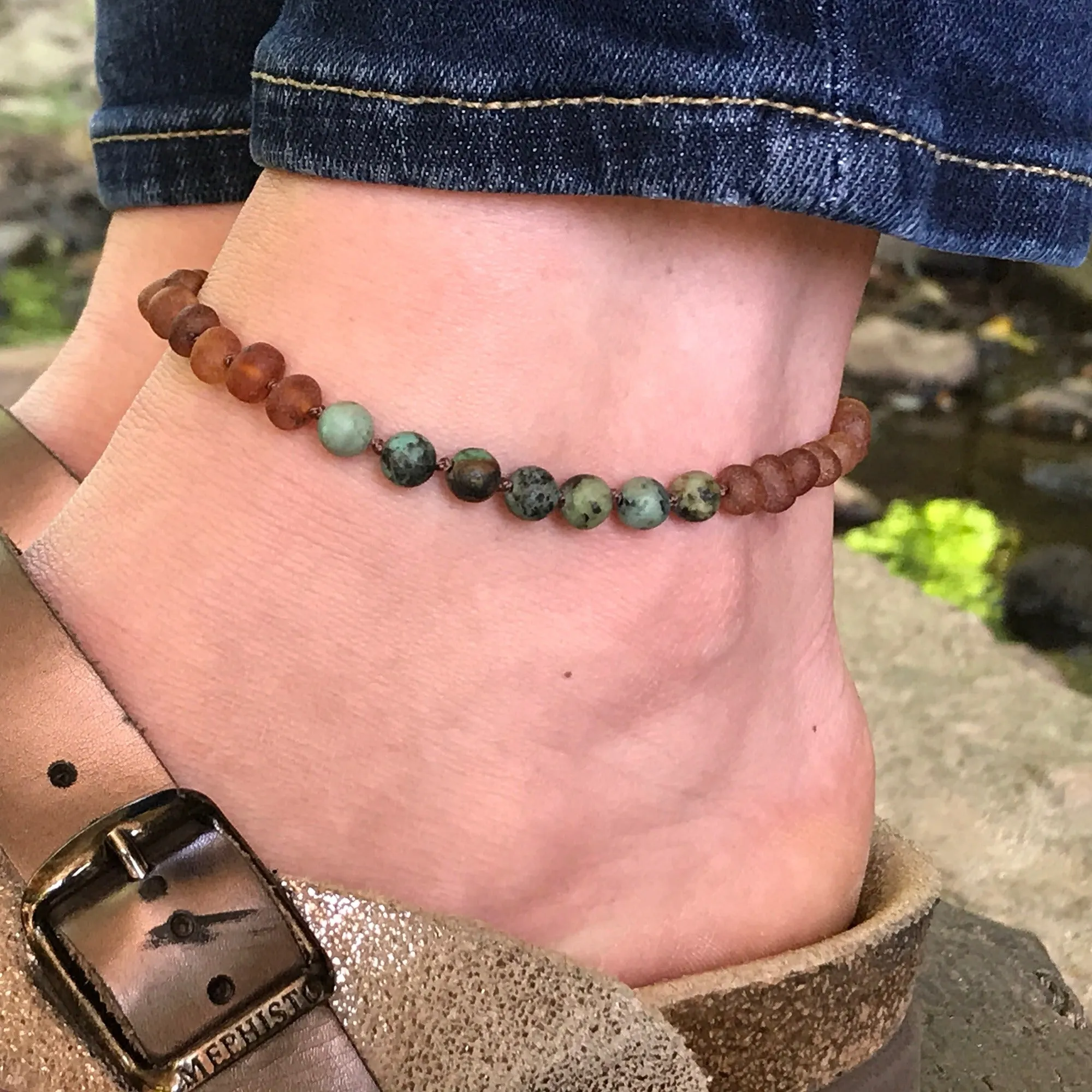 Adults | Amazonite   Raw Cognac Amber Anklet