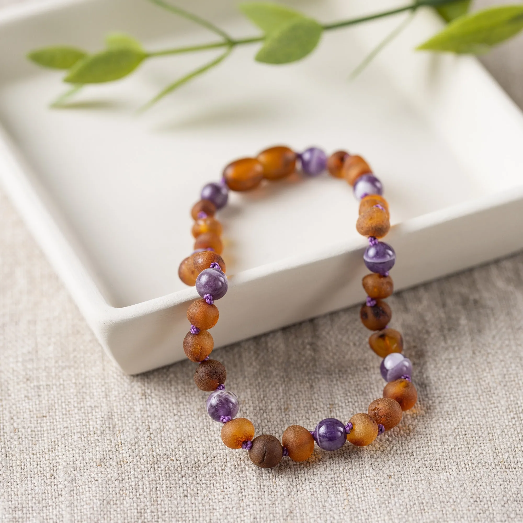 Adults | Amethyst   Raw Cognac Amber Anklet