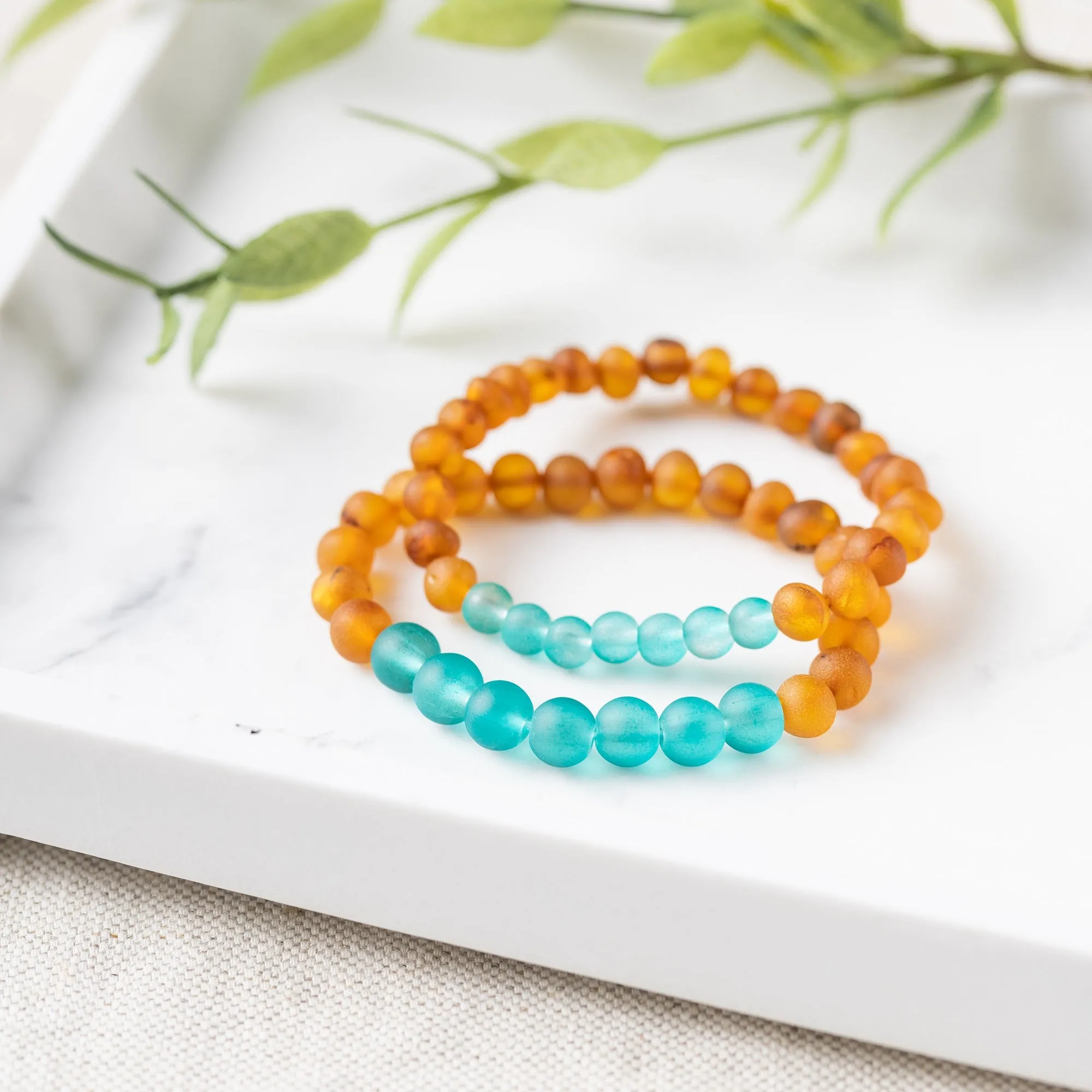Adults | Aqua Sea Glass   Raw Cognac Amber Bracelet
