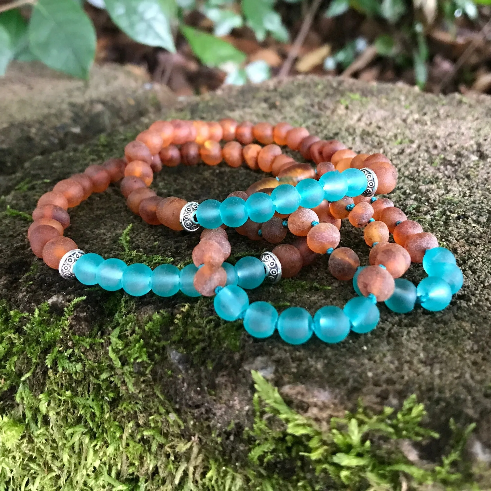 Adults | Aqua Sea Glass   Raw Cognac Amber Bracelet