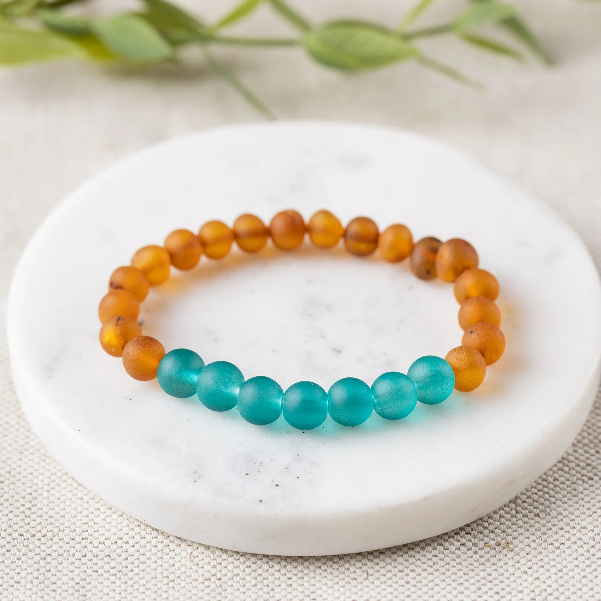 Adults | Aqua Sea Glass   Raw Cognac Amber Bracelet