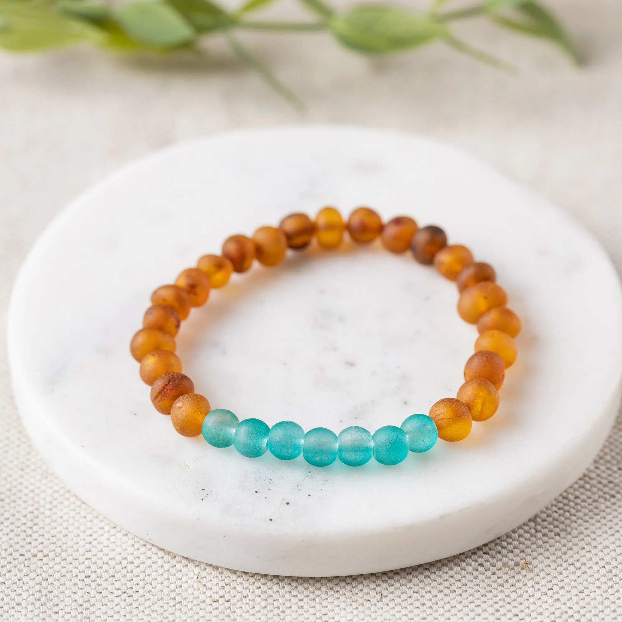 Adults | Aqua Sea Glass   Raw Cognac Amber Bracelet