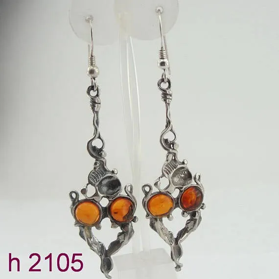Amber Silver Earrings, Long Silver Earrings, Sculpted Sterling Silver Amber Long Earrings (h 2105)