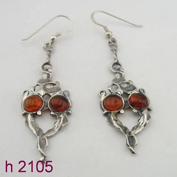 Amber Silver Earrings, Long Silver Earrings, Sculpted Sterling Silver Amber Long Earrings (h 2105)
