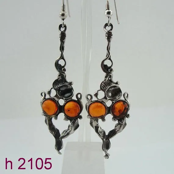 Amber Silver Earrings, Long Silver Earrings, Sculpted Sterling Silver Amber Long Earrings (h 2105)