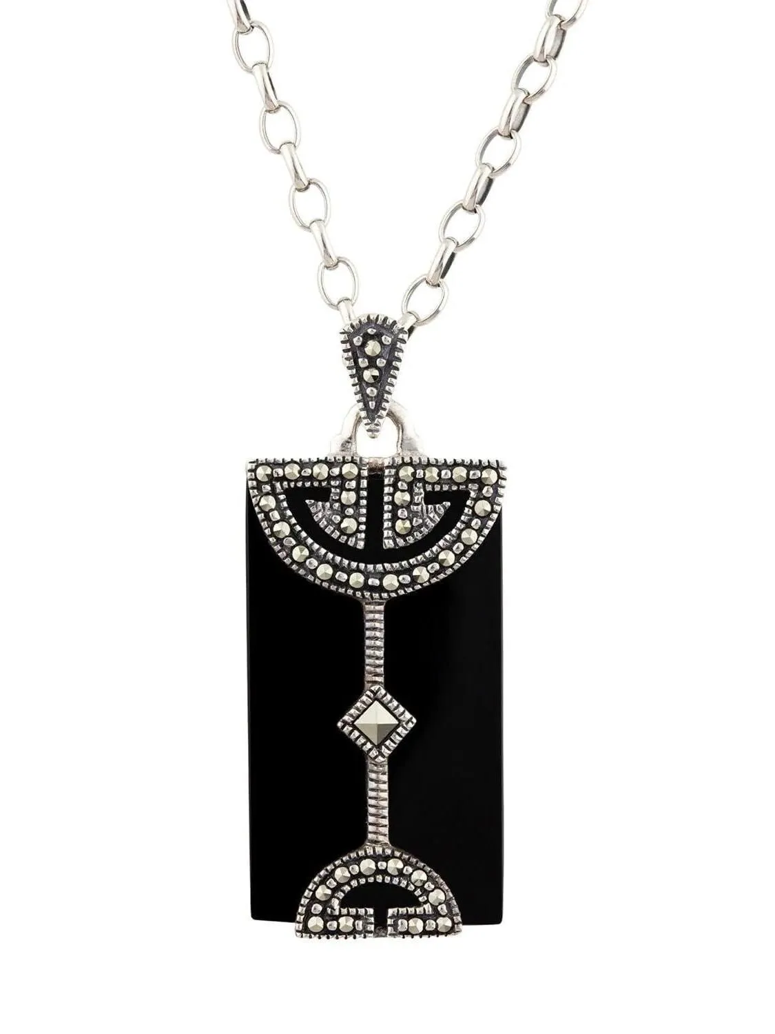 Art Deco Pendant in Black Onyx, Marcasite and Sterling Silver