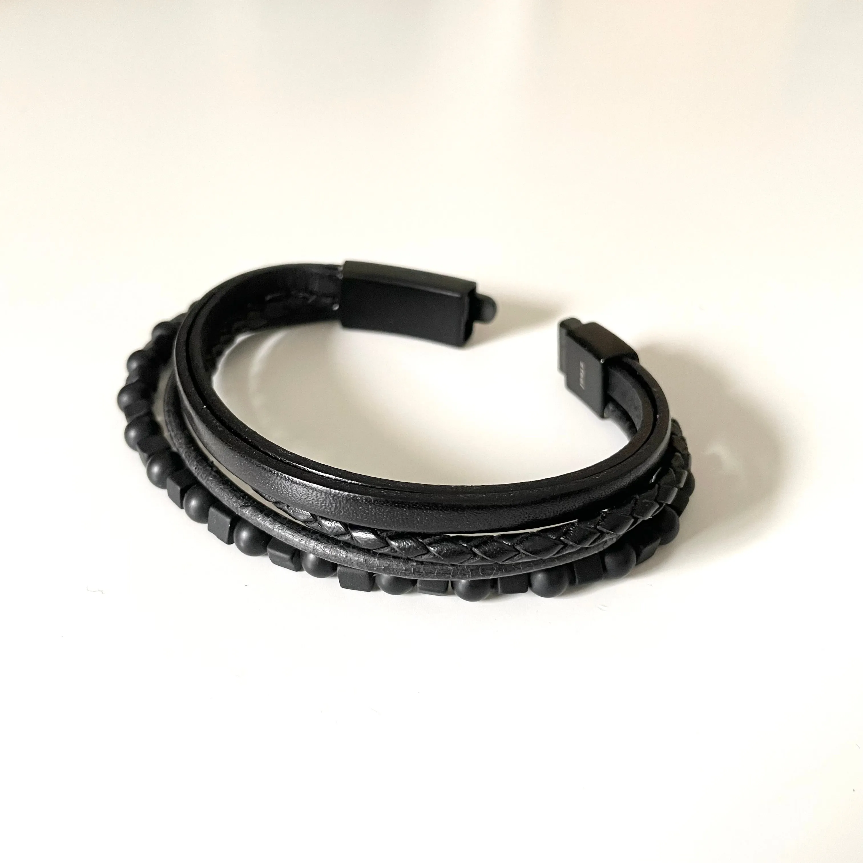 Black Nappa Leather 5 Band Onyx Beads Bracelet with Stainless Steel Snap Fastener