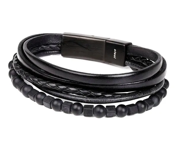Black Nappa Leather 5 Band Onyx Beads Bracelet with Stainless Steel Snap Fastener