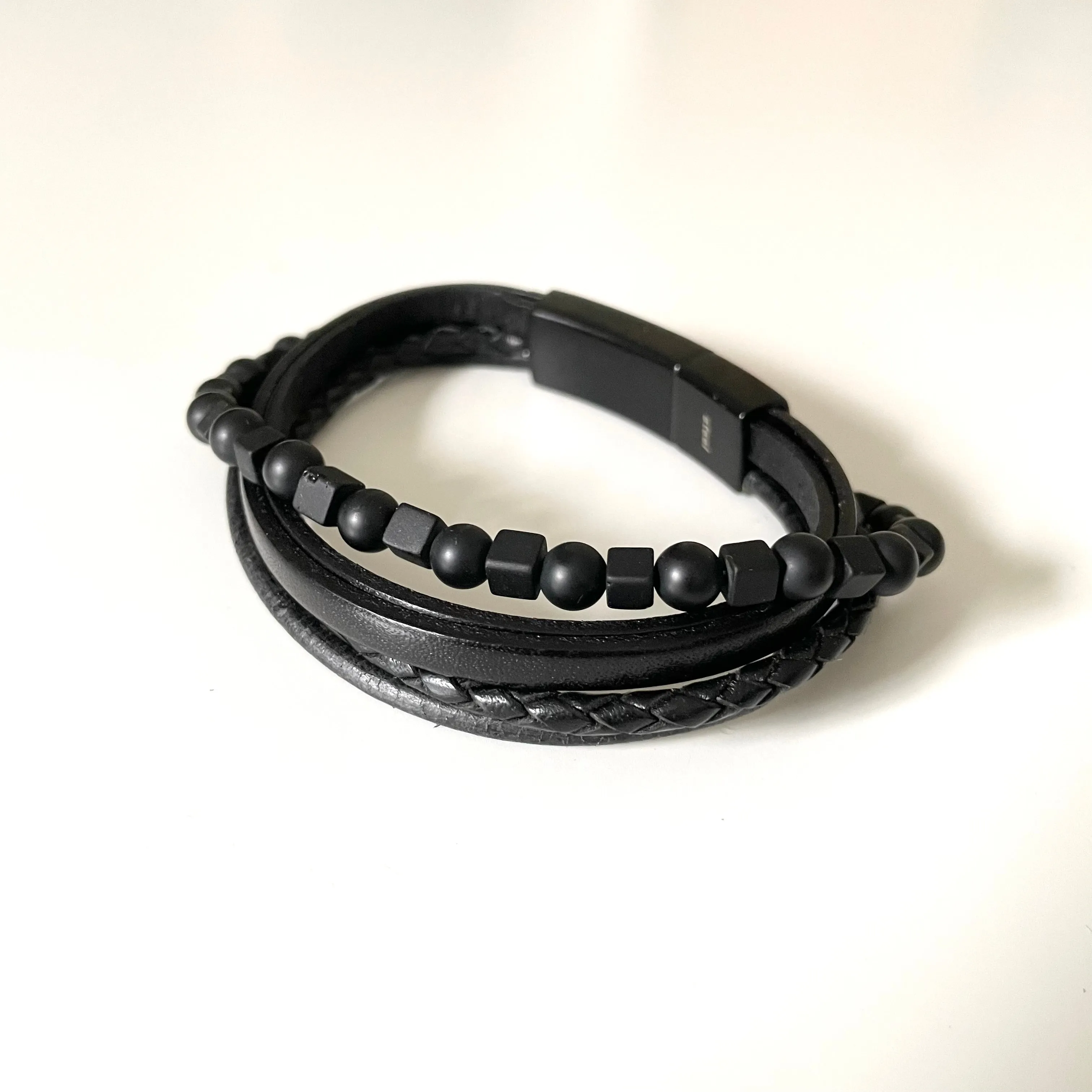 Black Nappa Leather 5 Band Onyx Beads Bracelet with Stainless Steel Snap Fastener