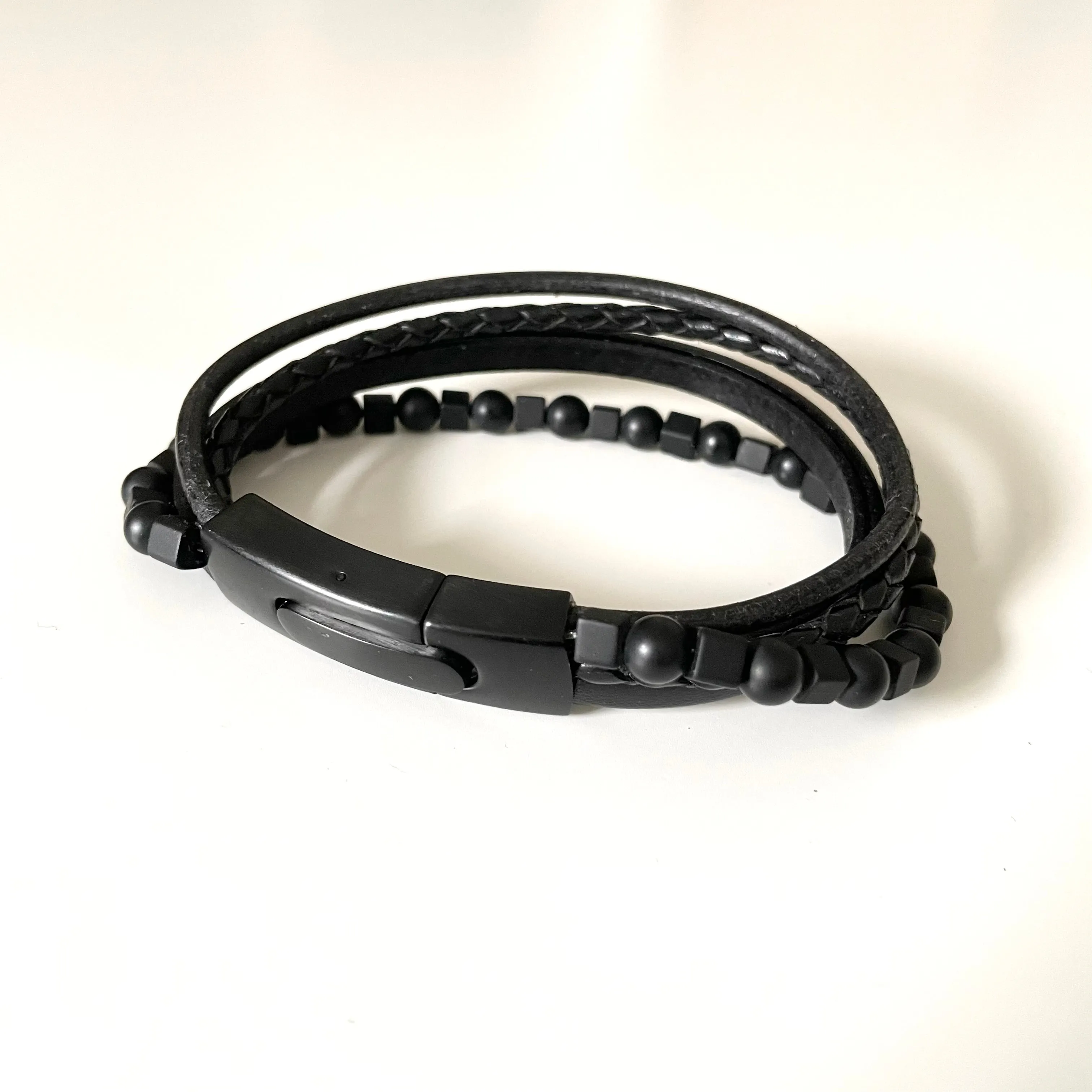 Black Nappa Leather 5 Band Onyx Beads Bracelet with Stainless Steel Snap Fastener