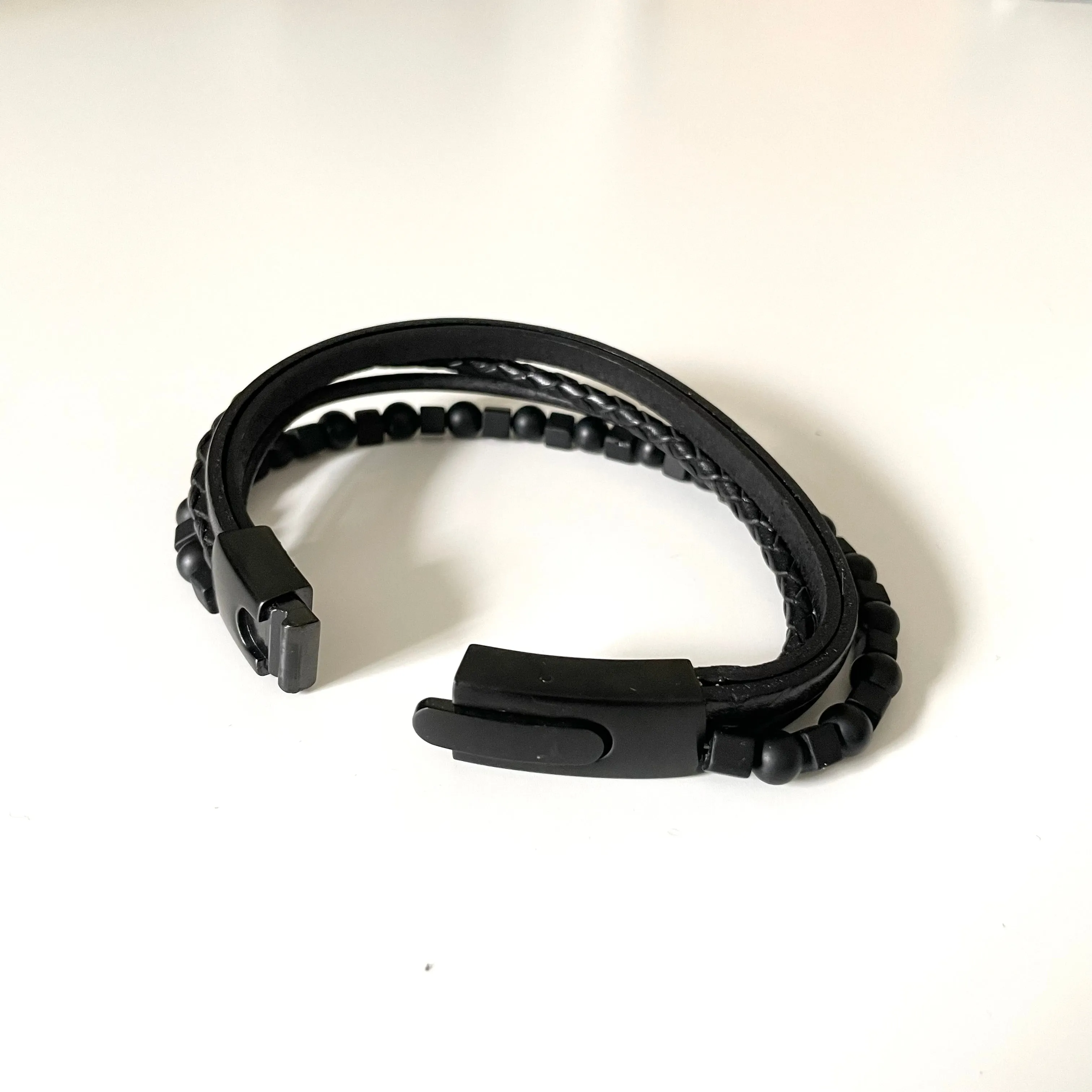 Black Nappa Leather 5 Band Onyx Beads Bracelet with Stainless Steel Snap Fastener