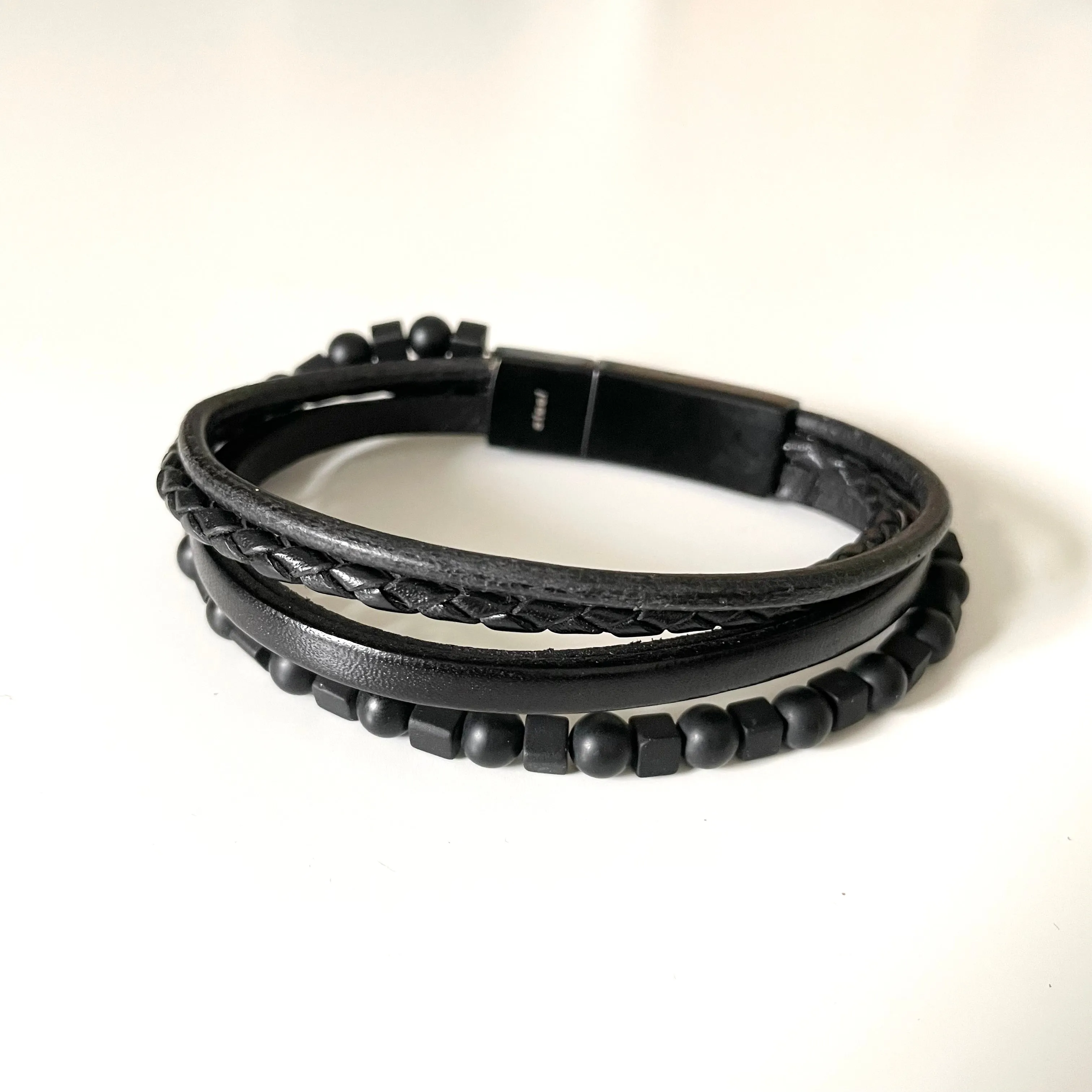 Black Nappa Leather 5 Band Onyx Beads Bracelet with Stainless Steel Snap Fastener
