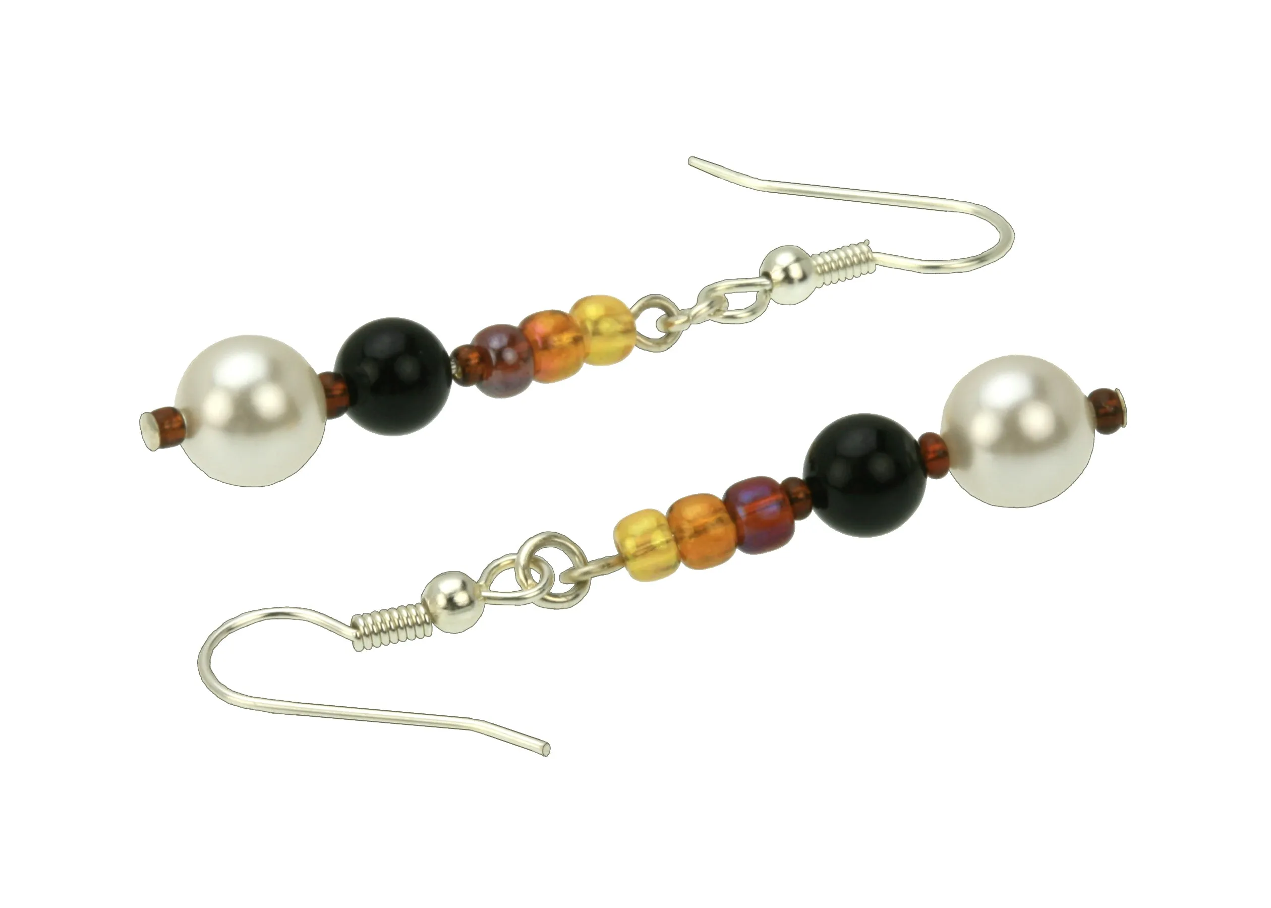 Black Onyx, White Pearls and Bronze Rocaille Silver Earrings