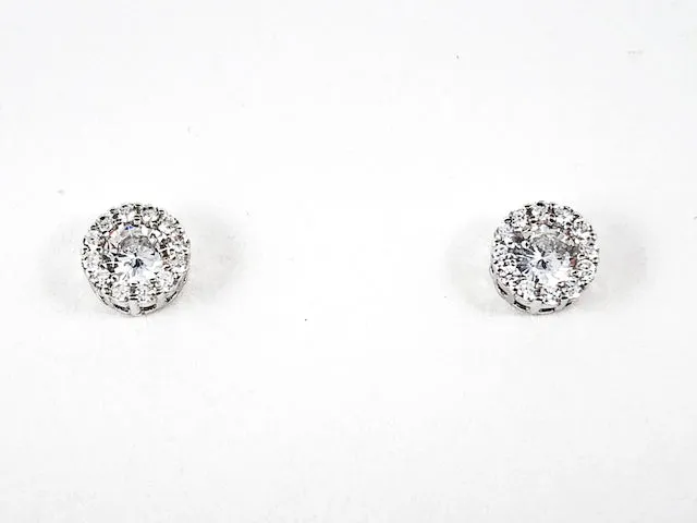 Classic Dainty Round Micro Halo CZ Silver Stud Earrings