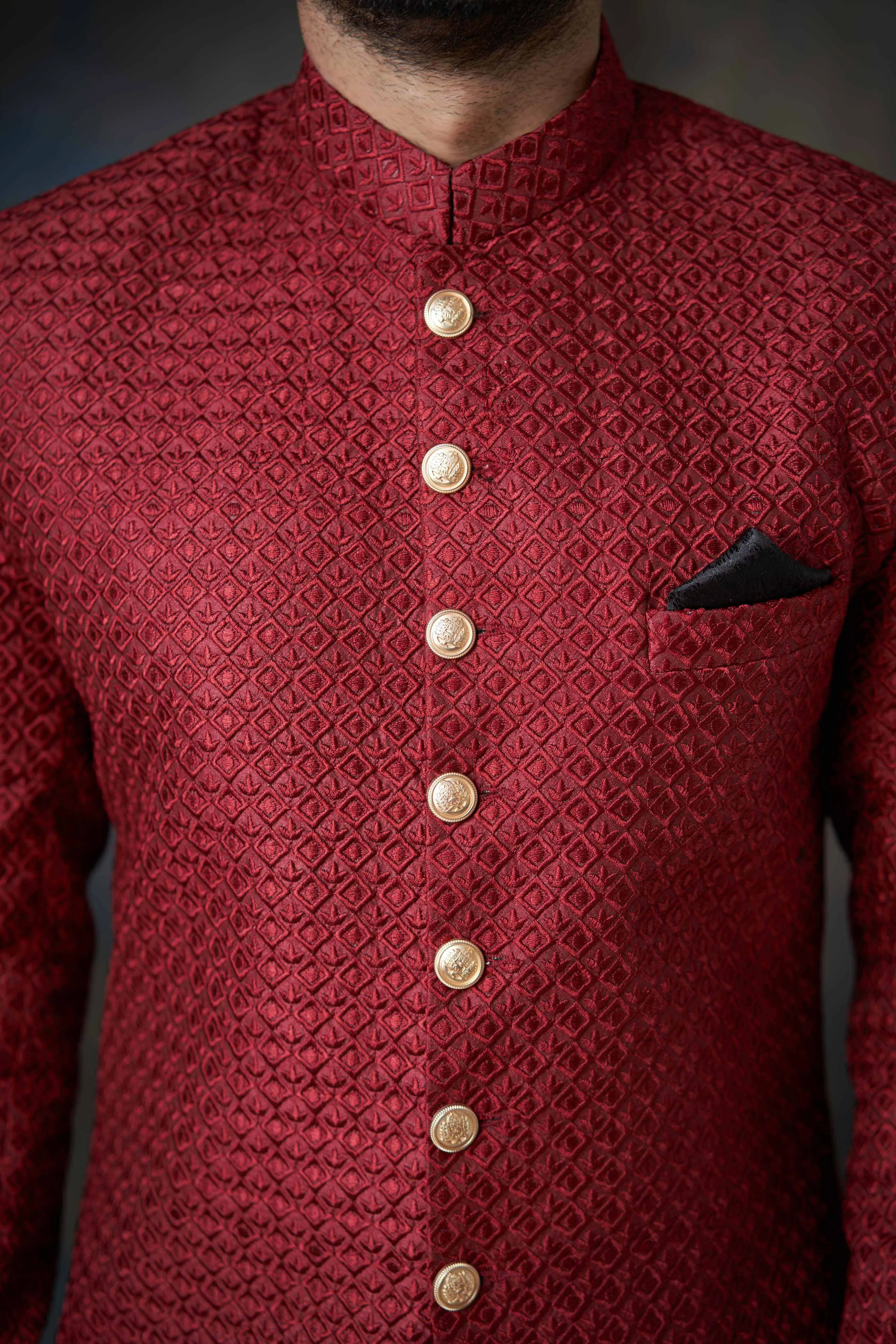 Deep Maroon Short Length Embroidered Sherwani