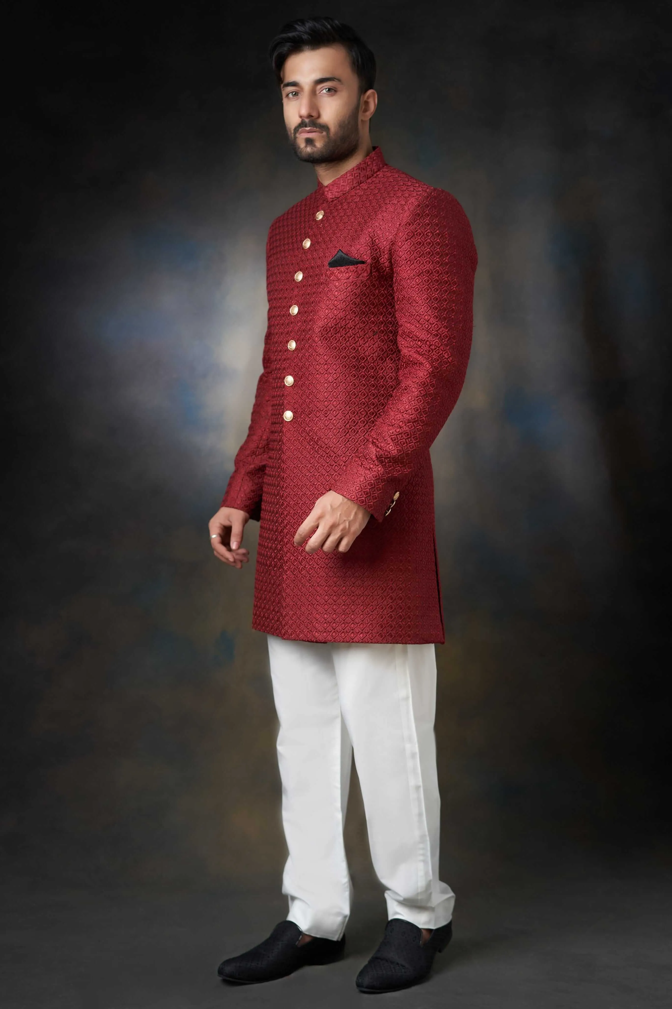 Deep Maroon Short Length Embroidered Sherwani