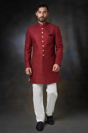 Deep Maroon Short Length Embroidered Sherwani