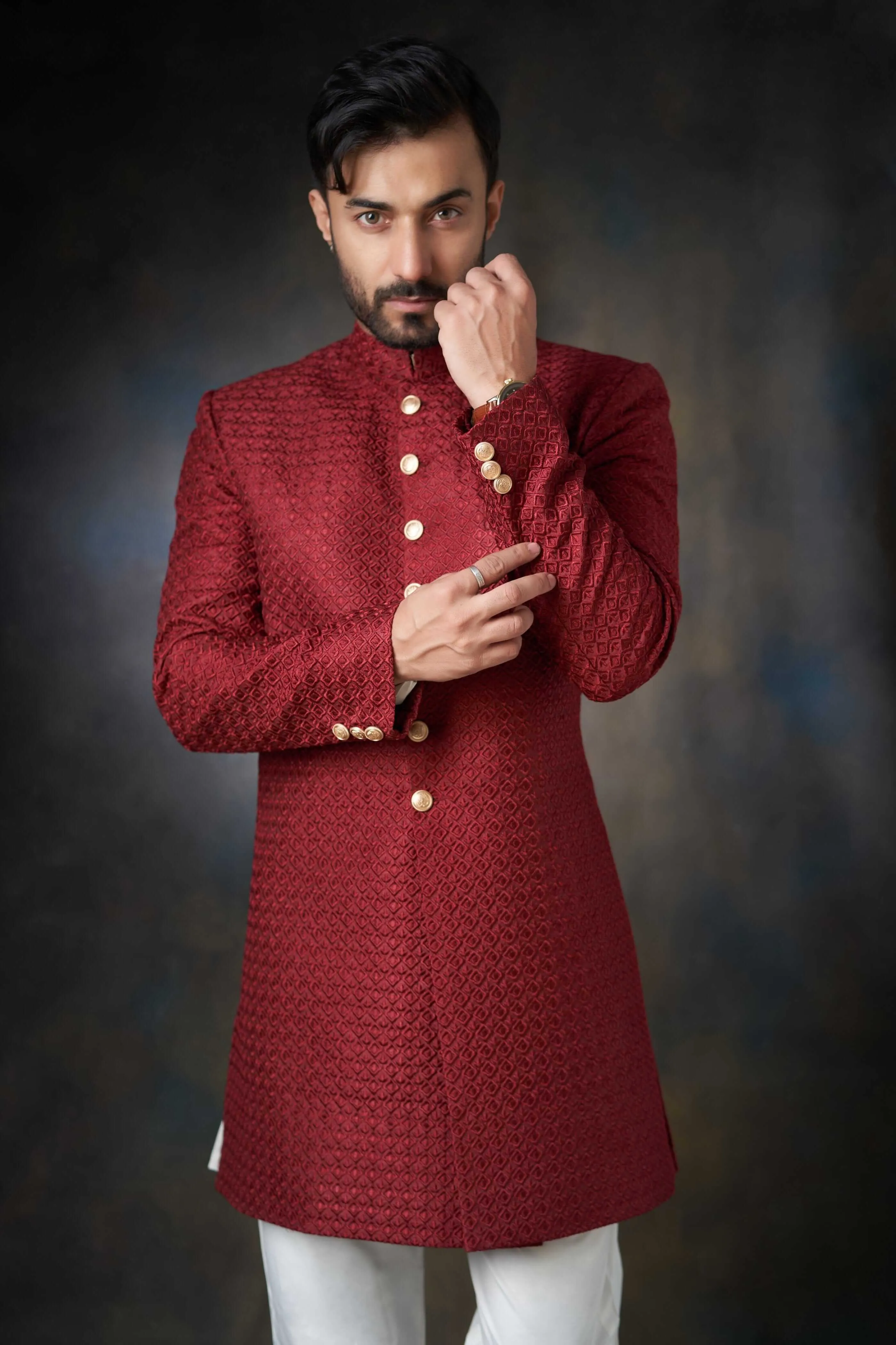 Deep Maroon Short Length Embroidered Sherwani