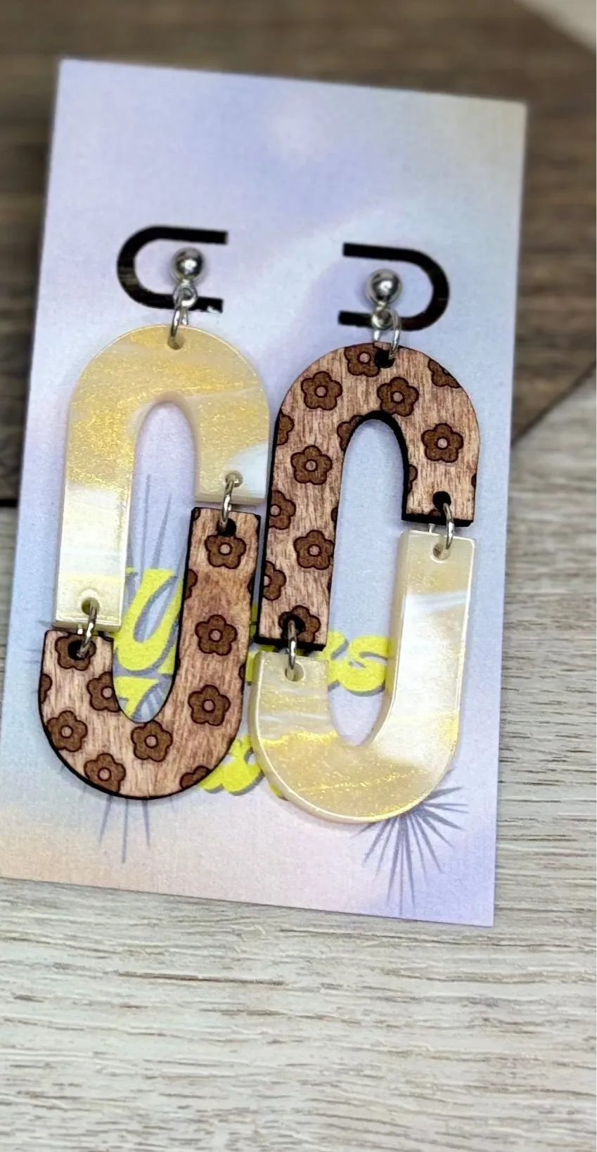 Engraved Flower & Amber Luxe Double Dangles - Natural Wood & Acrylic Earrings