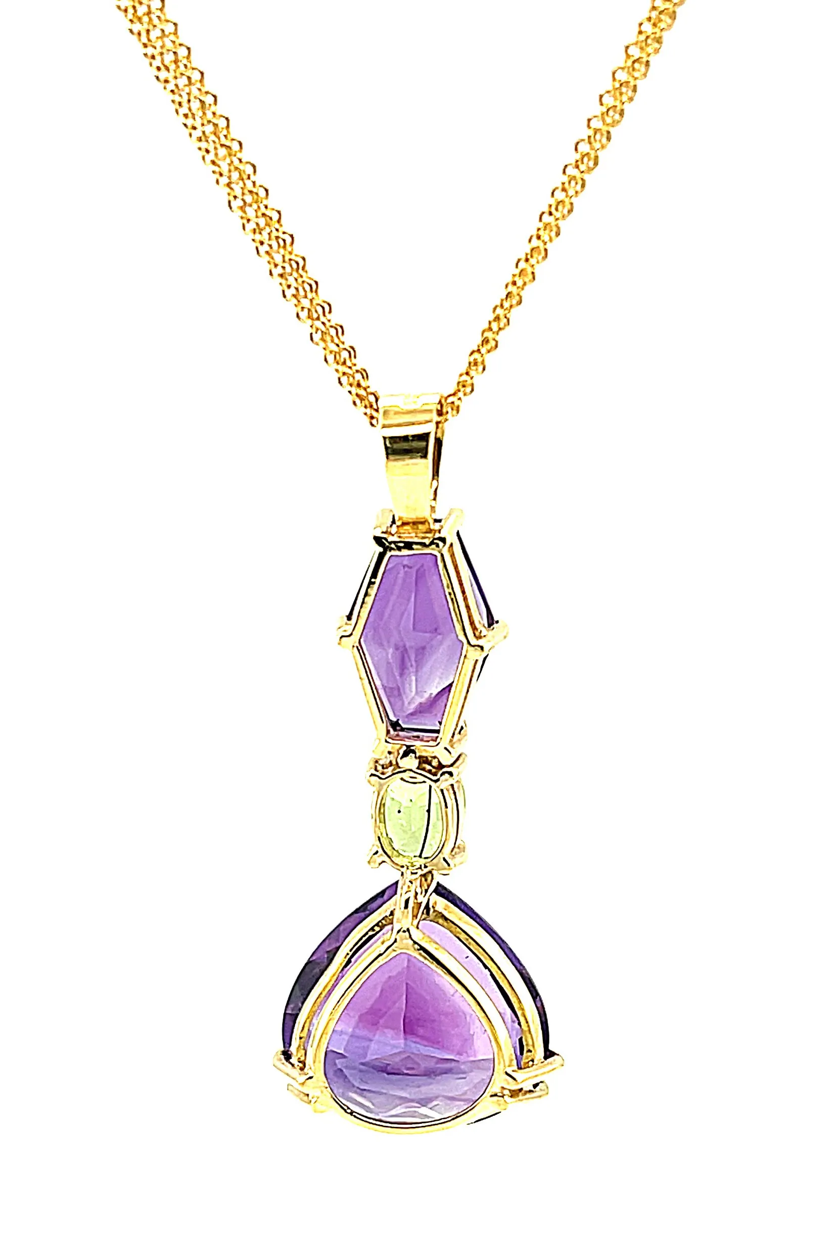 Fancy Shaped Amethyst Pear and Peridot 18k Yellow Gold Drop Pendant Necklace