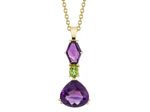 Fancy Shaped Amethyst Pear and Peridot 18k Yellow Gold Drop Pendant Necklace