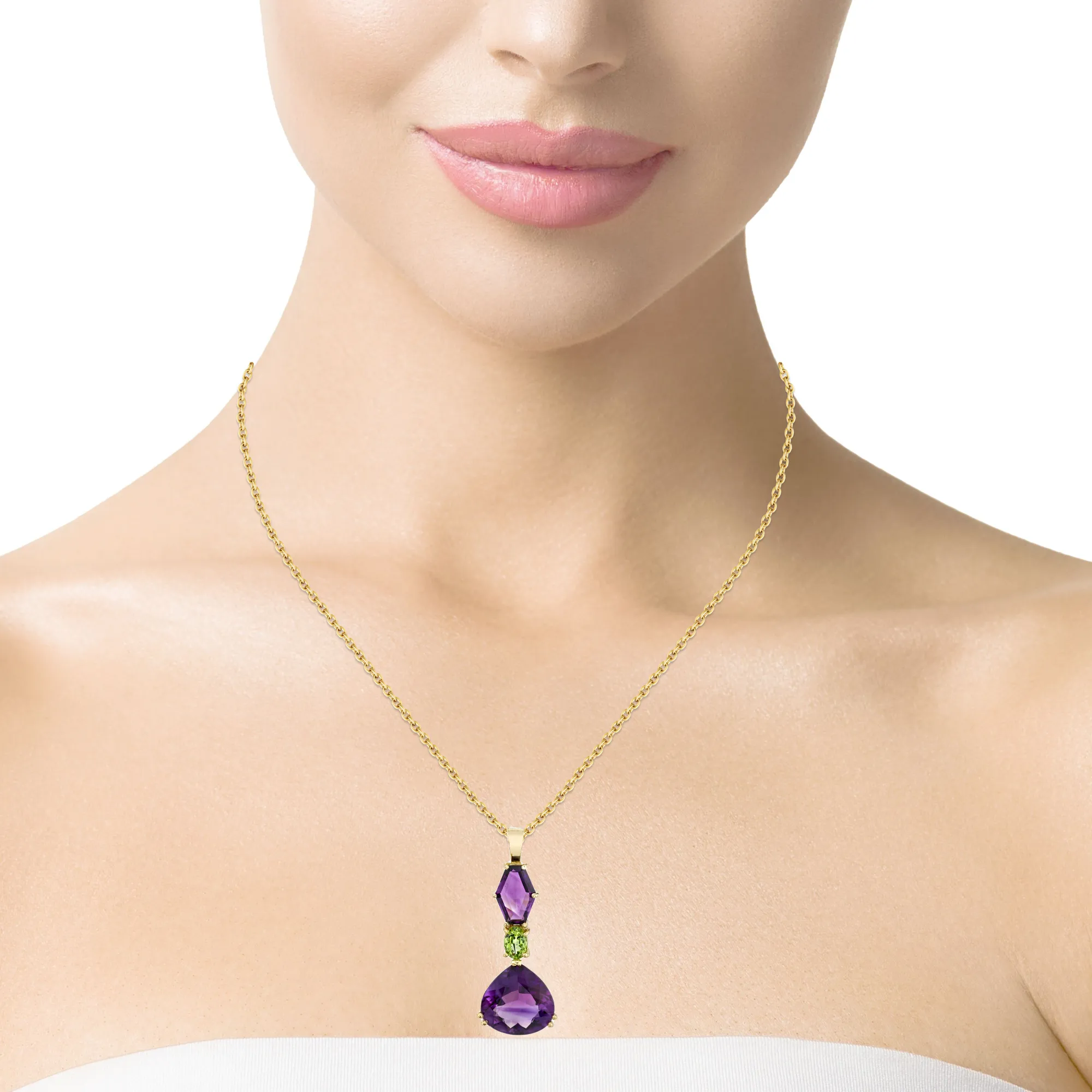 Fancy Shaped Amethyst Pear and Peridot 18k Yellow Gold Drop Pendant Necklace