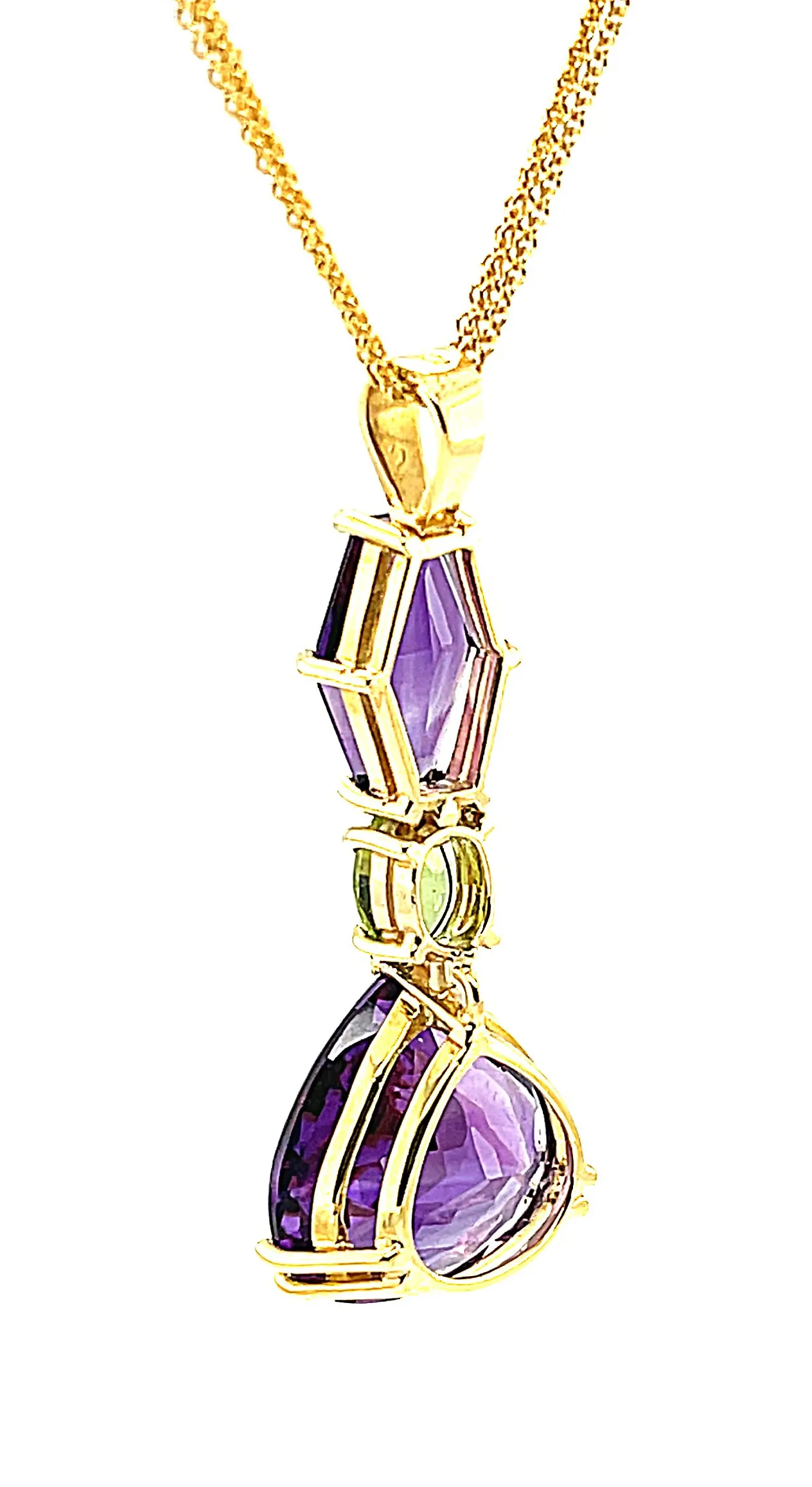 Fancy Shaped Amethyst Pear and Peridot 18k Yellow Gold Drop Pendant Necklace