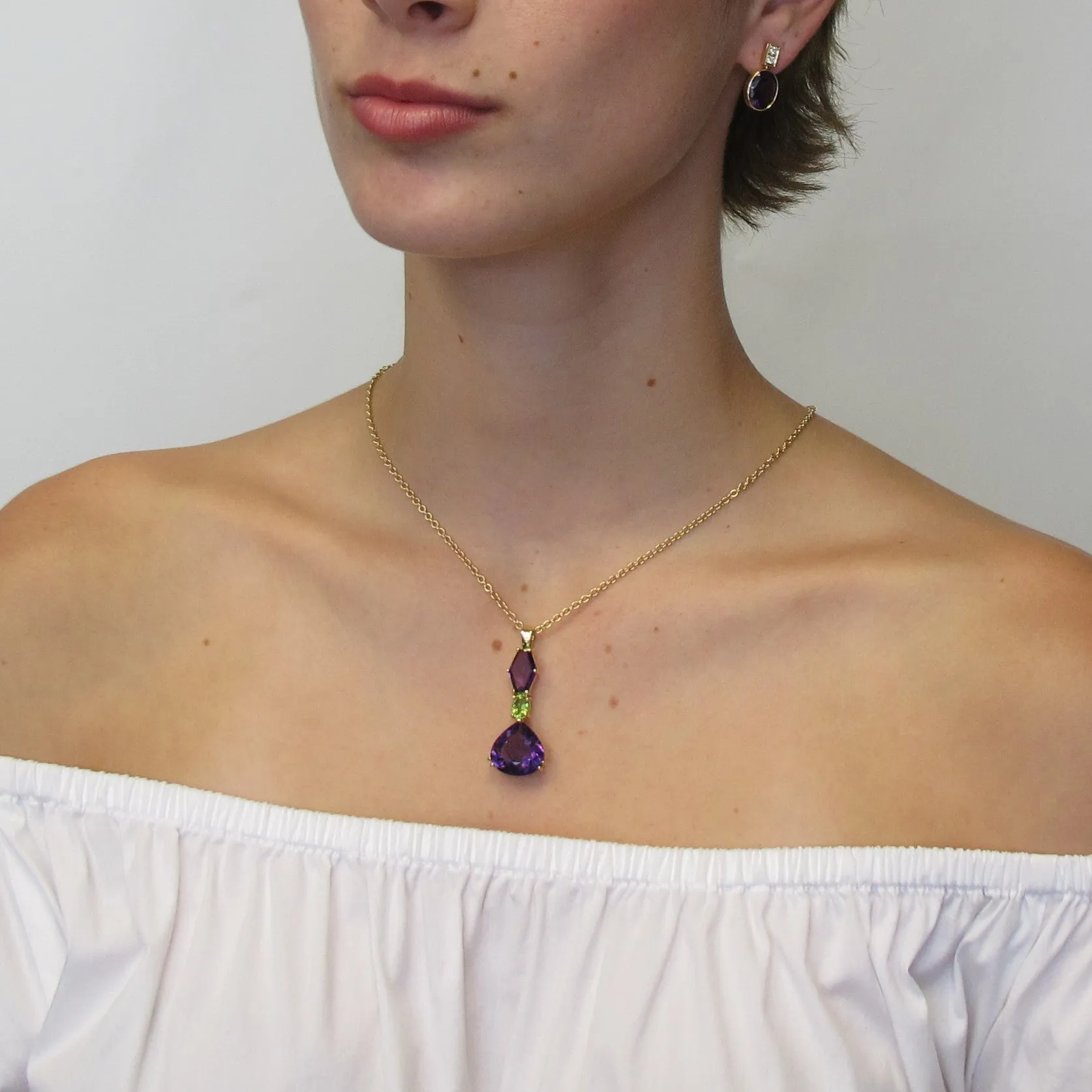 Fancy Shaped Amethyst Pear and Peridot 18k Yellow Gold Drop Pendant Necklace