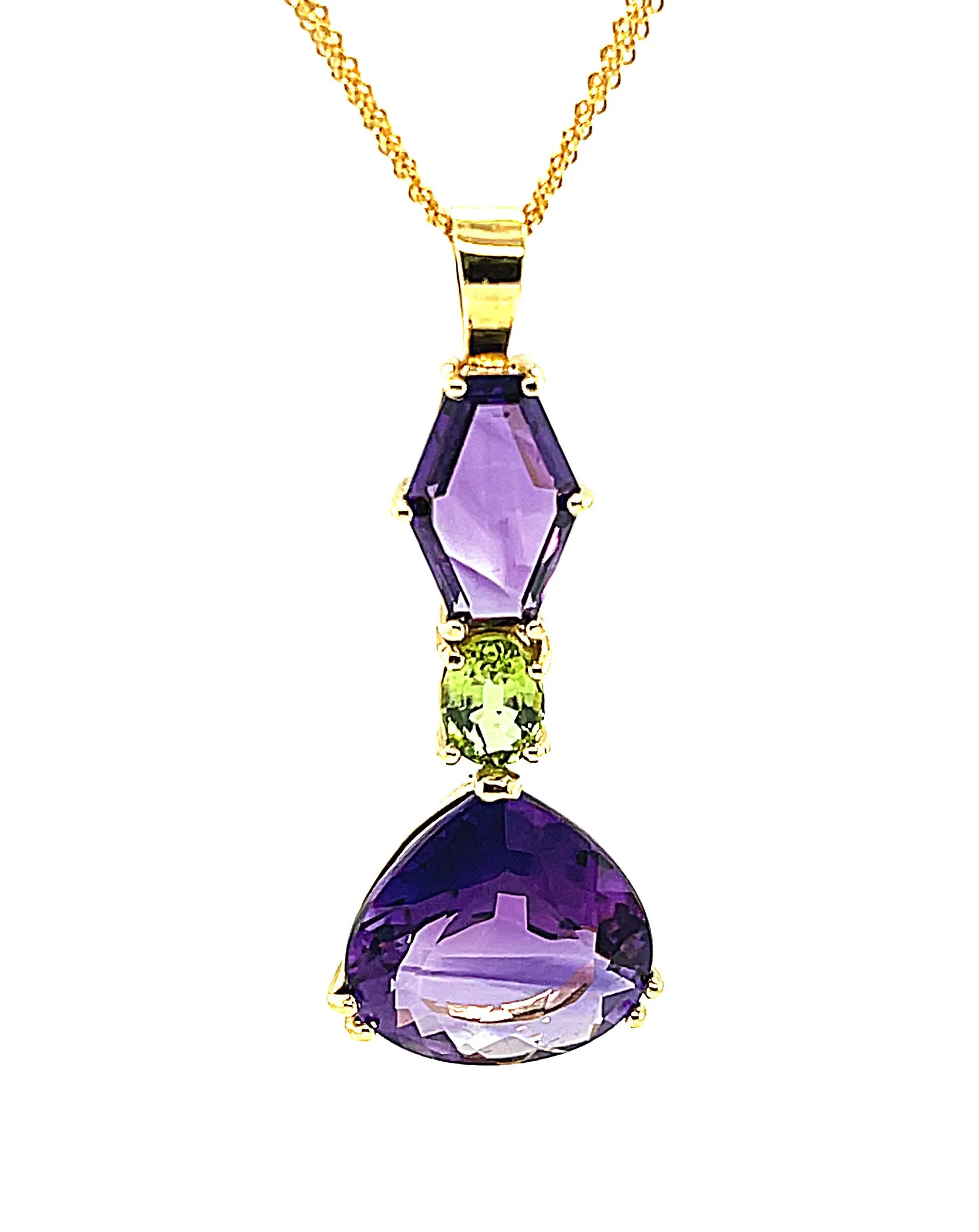 Fancy Shaped Amethyst Pear and Peridot 18k Yellow Gold Drop Pendant Necklace