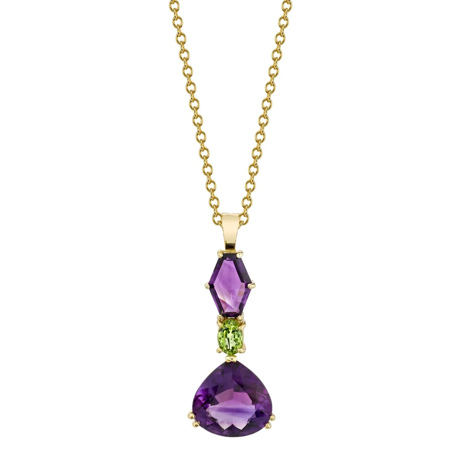 Fancy Shaped Amethyst Pear and Peridot 18k Yellow Gold Drop Pendant Necklace