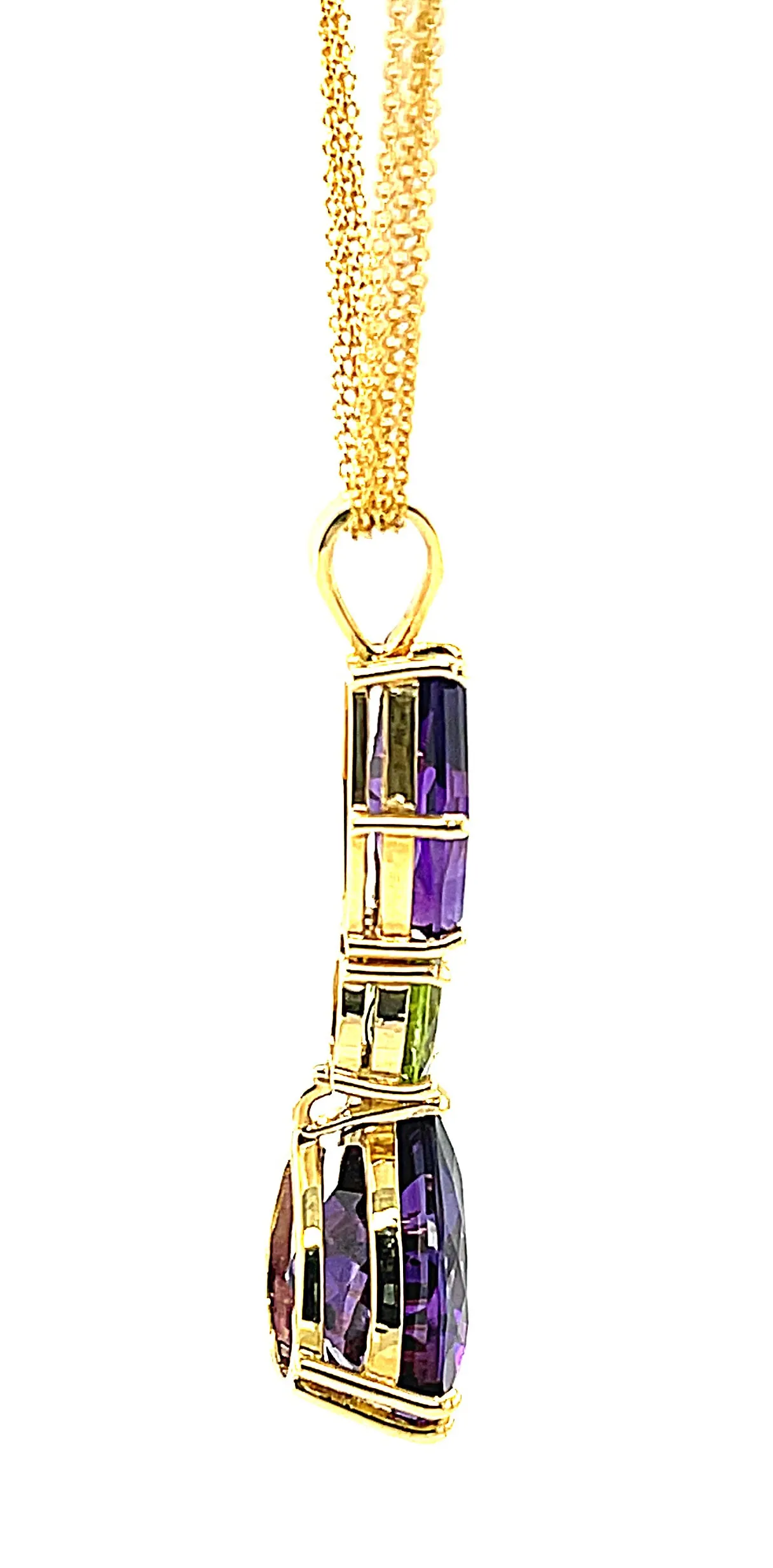 Fancy Shaped Amethyst Pear and Peridot 18k Yellow Gold Drop Pendant Necklace