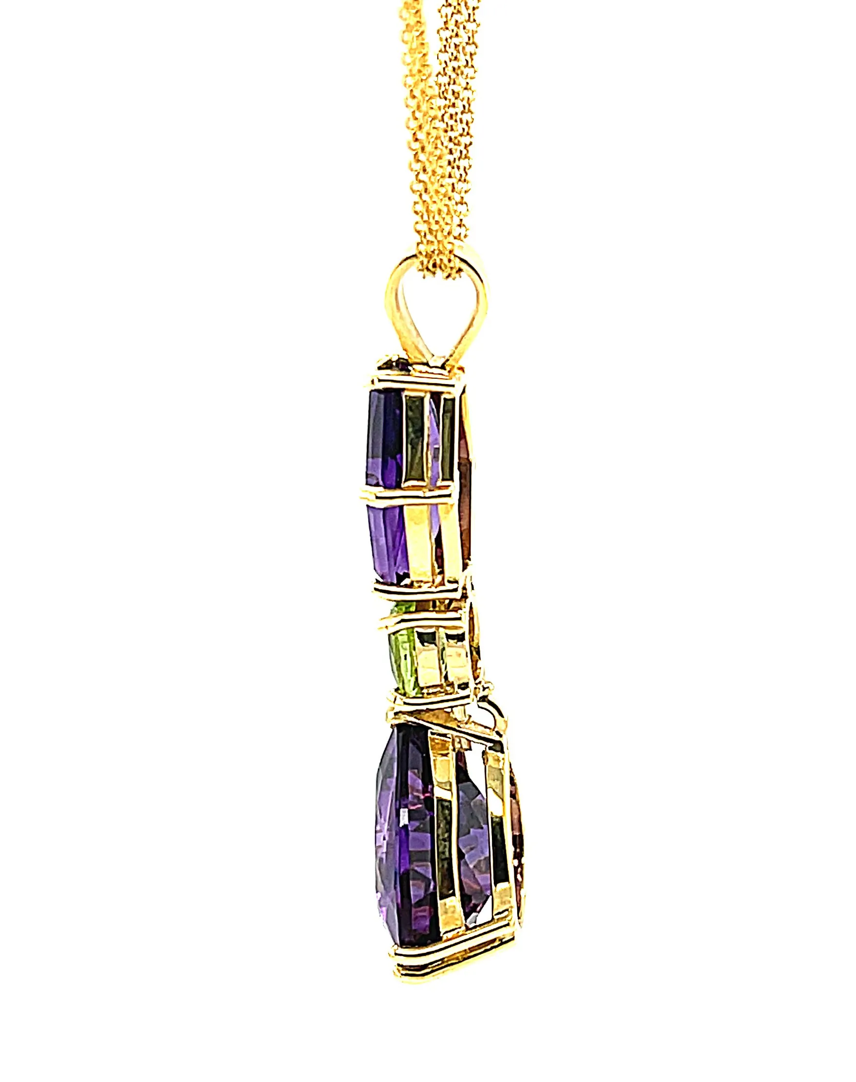 Fancy Shaped Amethyst Pear and Peridot 18k Yellow Gold Drop Pendant Necklace