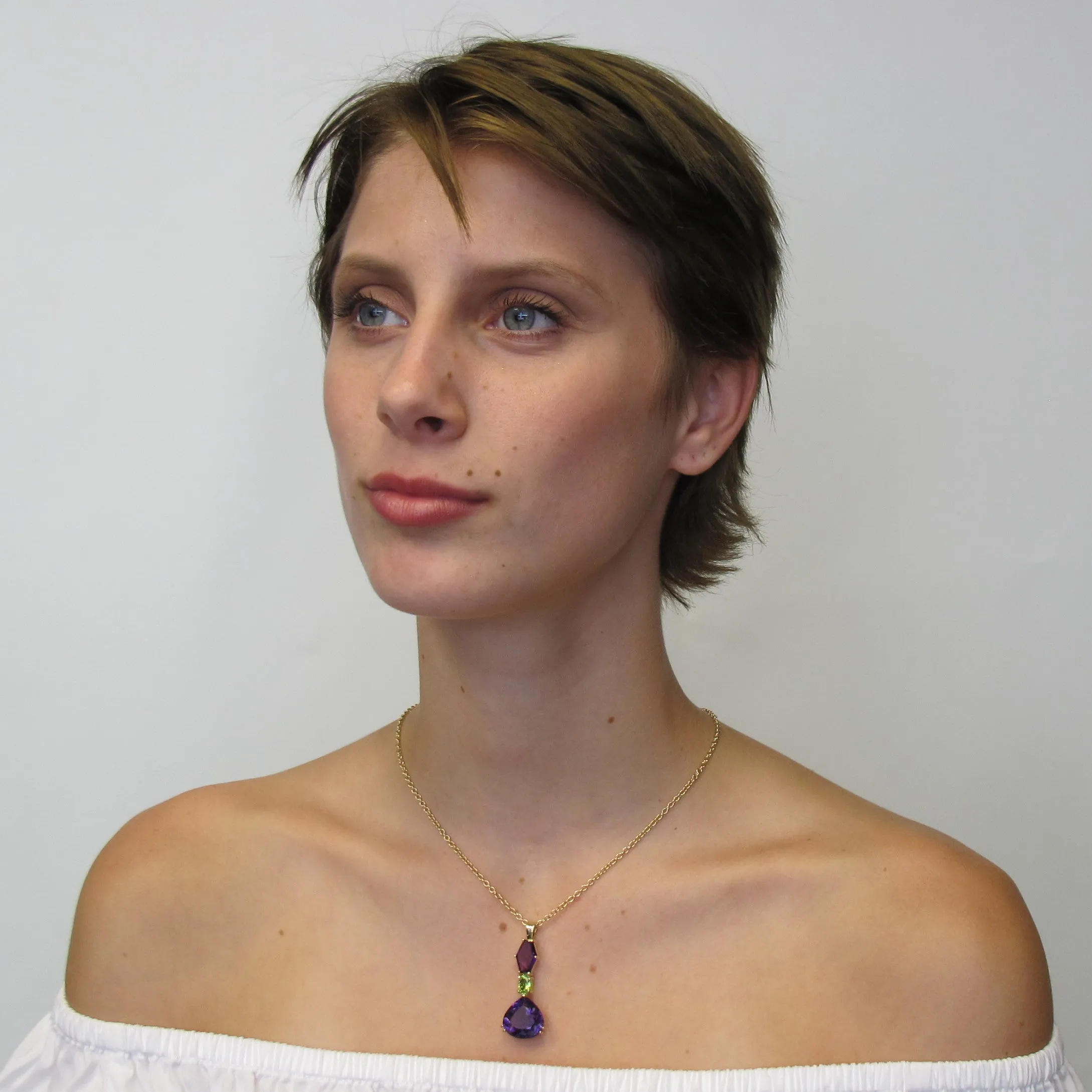 Fancy Shaped Amethyst Pear and Peridot 18k Yellow Gold Drop Pendant Necklace