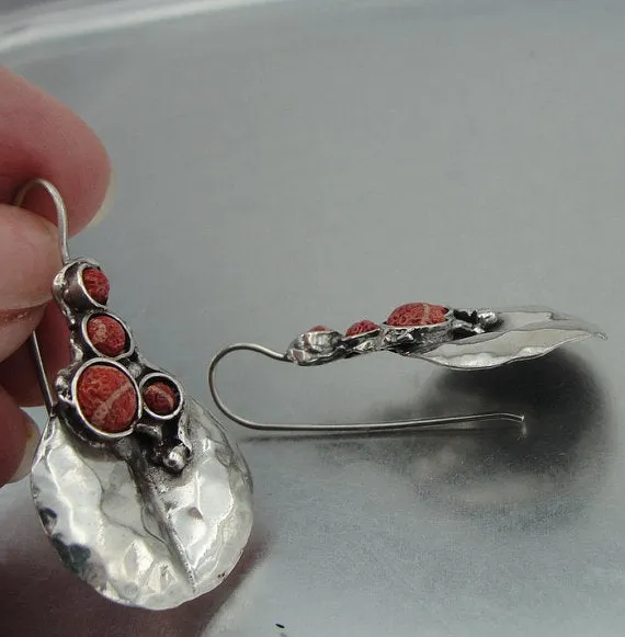 Hadar Jewelry Long Pomegranate Silver Earrings with Coral Gemstone