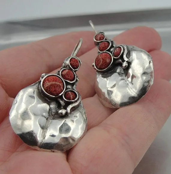 Hadar Jewelry Long Pomegranate Silver Earrings with Coral Gemstone