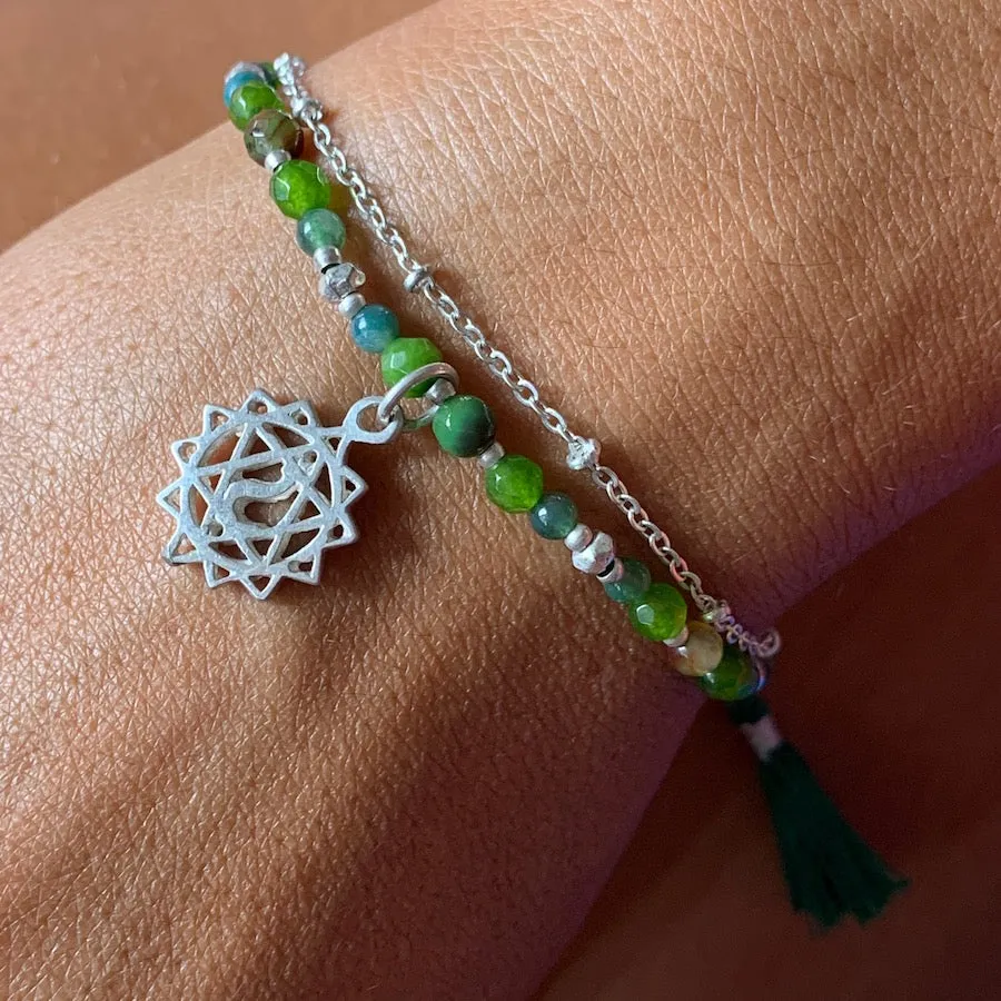 Heart Chakra Symbol Gemstone Yoga Bracelet Silver Chain