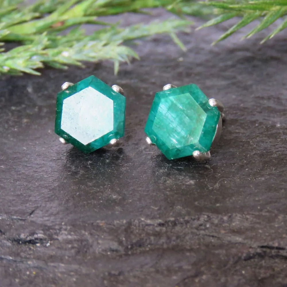 Hexagon Emerald Stud Earrings