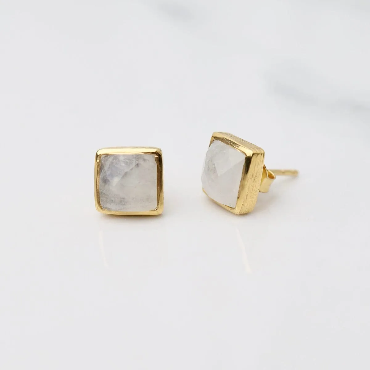 Madeline Stud Earrings - Vermeil Square - Rainbow Moonstone