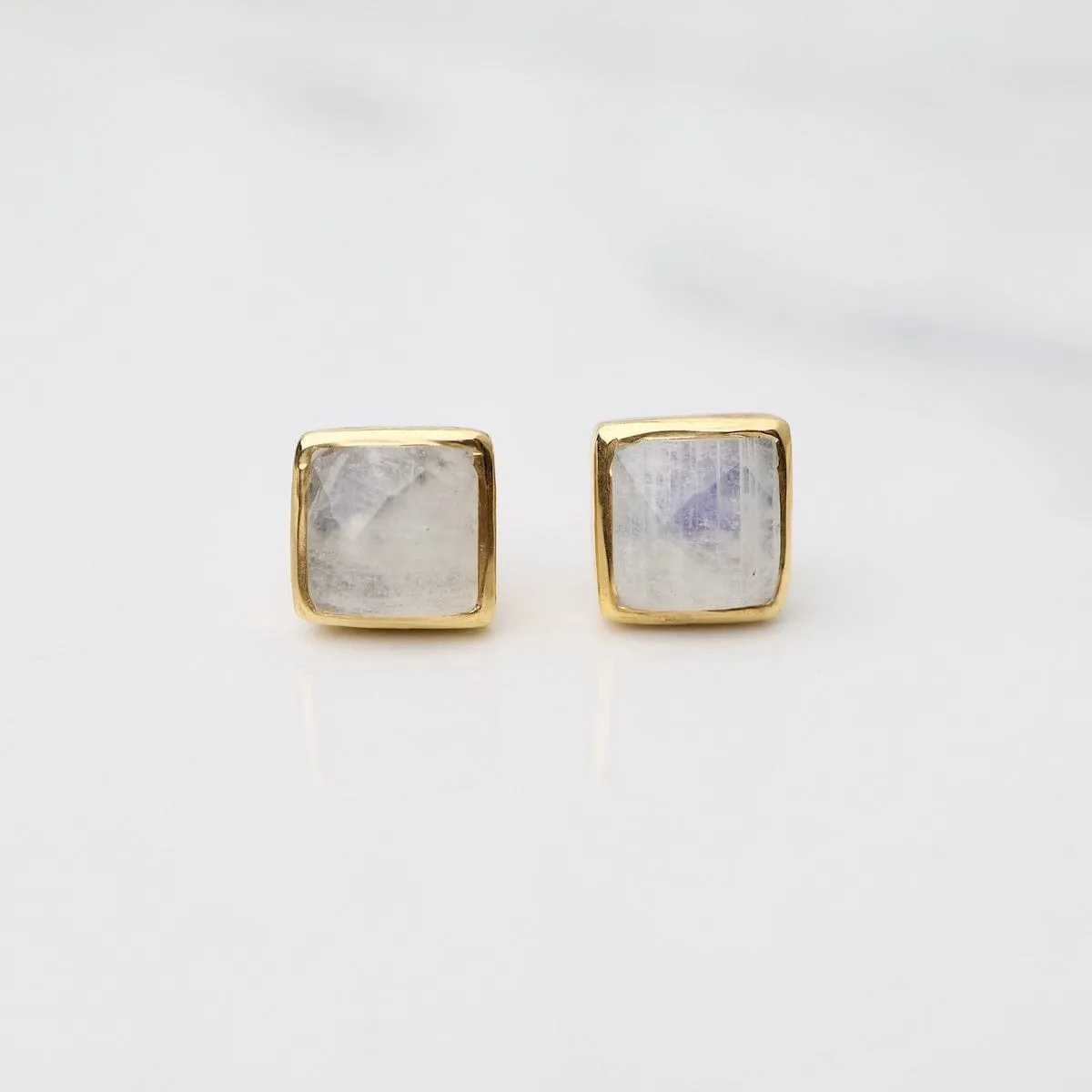 Madeline Stud Earrings - Vermeil Square - Rainbow Moonstone