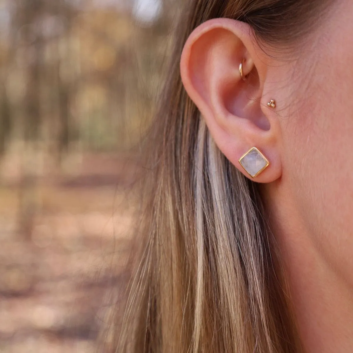 Madeline Stud Earrings - Vermeil Square - Rainbow Moonstone