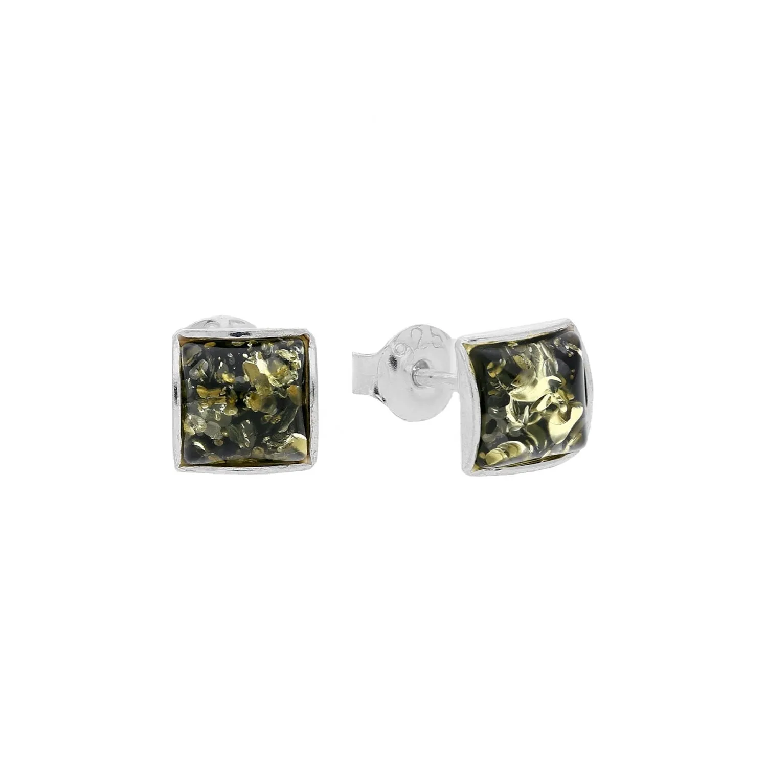 MILENA Stud Earrings Silver and Green Amber Square 5mm