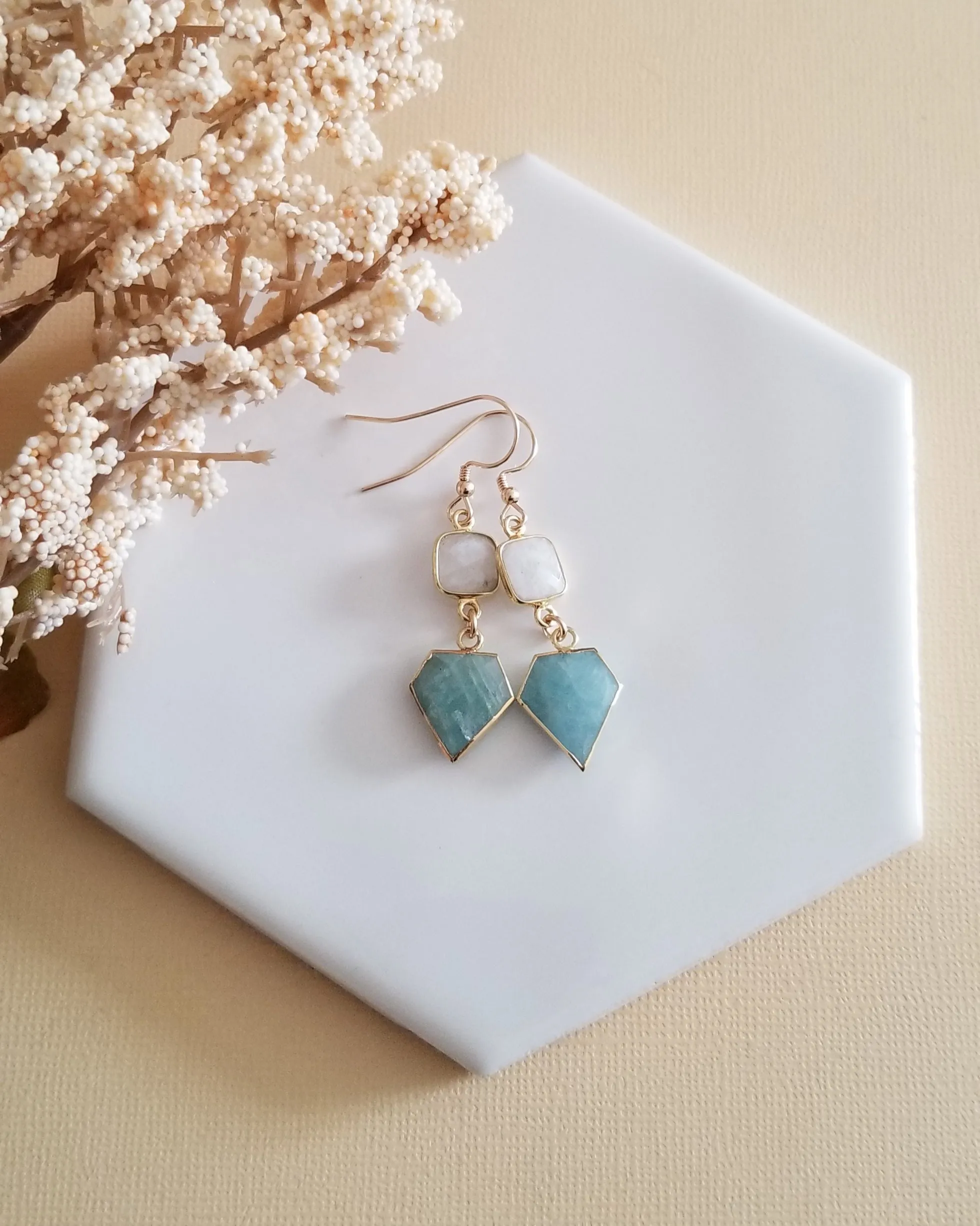 Natural Moonstone and Aquamarine Dangle Earrings