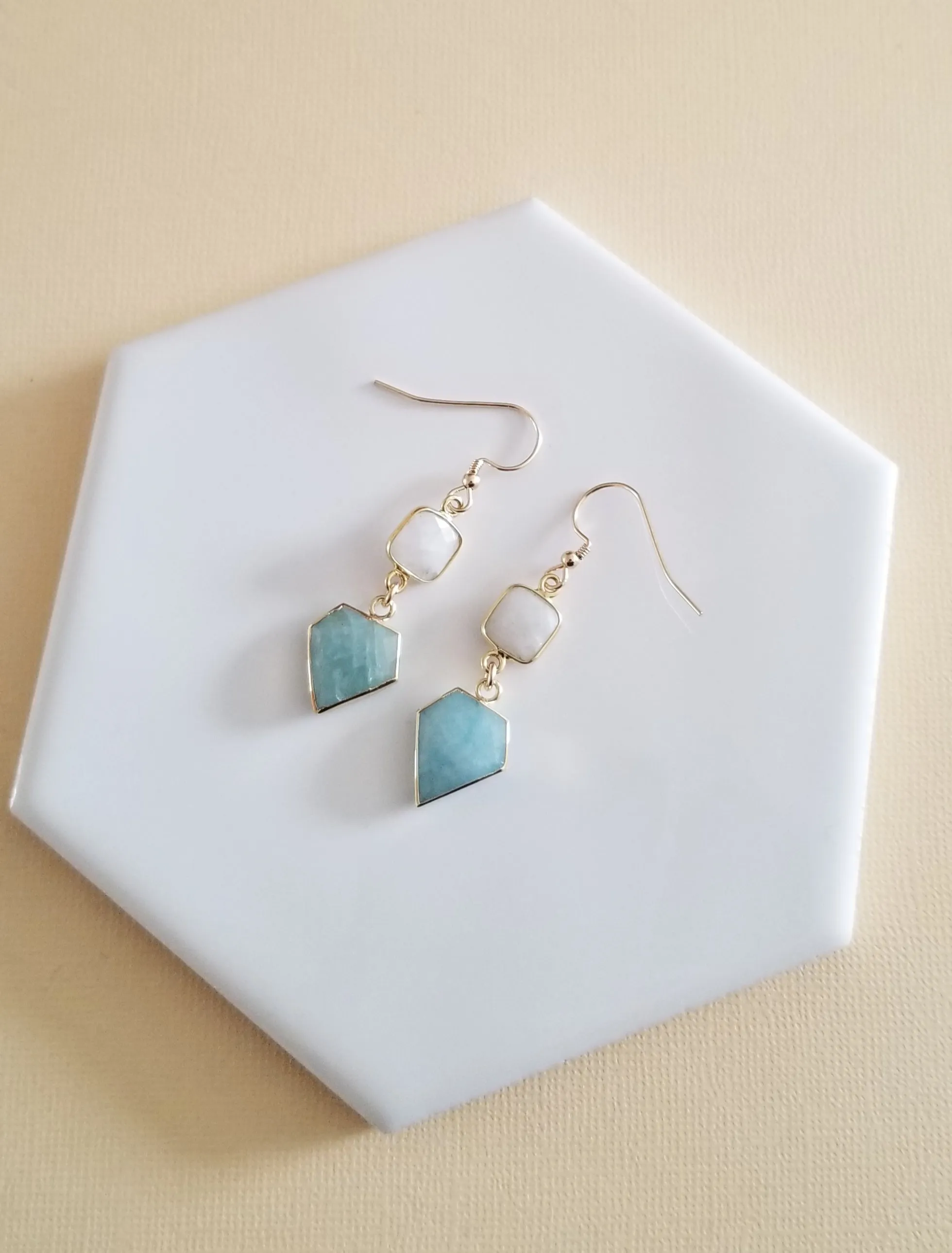 Natural Moonstone and Aquamarine Dangle Earrings