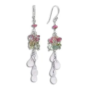 Natural Rainbow Moonstone and Tourmaline Sterling Silver Beaded Chain Earrings