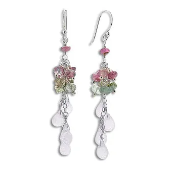 Natural Rainbow Moonstone and Tourmaline Sterling Silver Beaded Chain Earrings