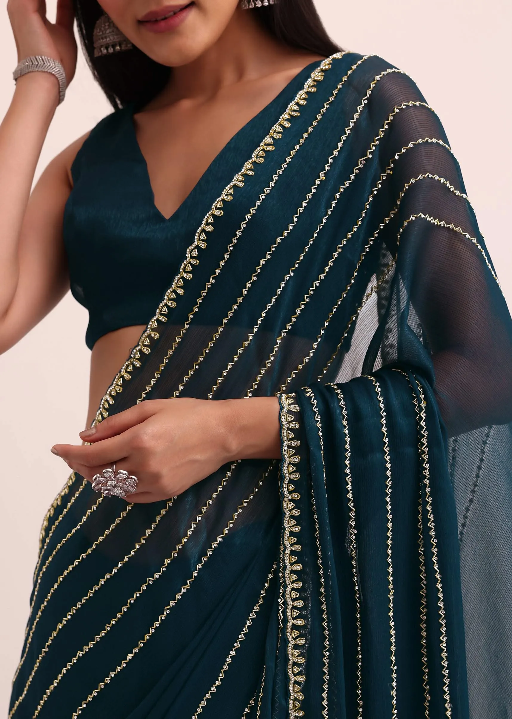 Navy Blue Tissue Saree With Cut Dana Embroidery And Unstitched Blouse