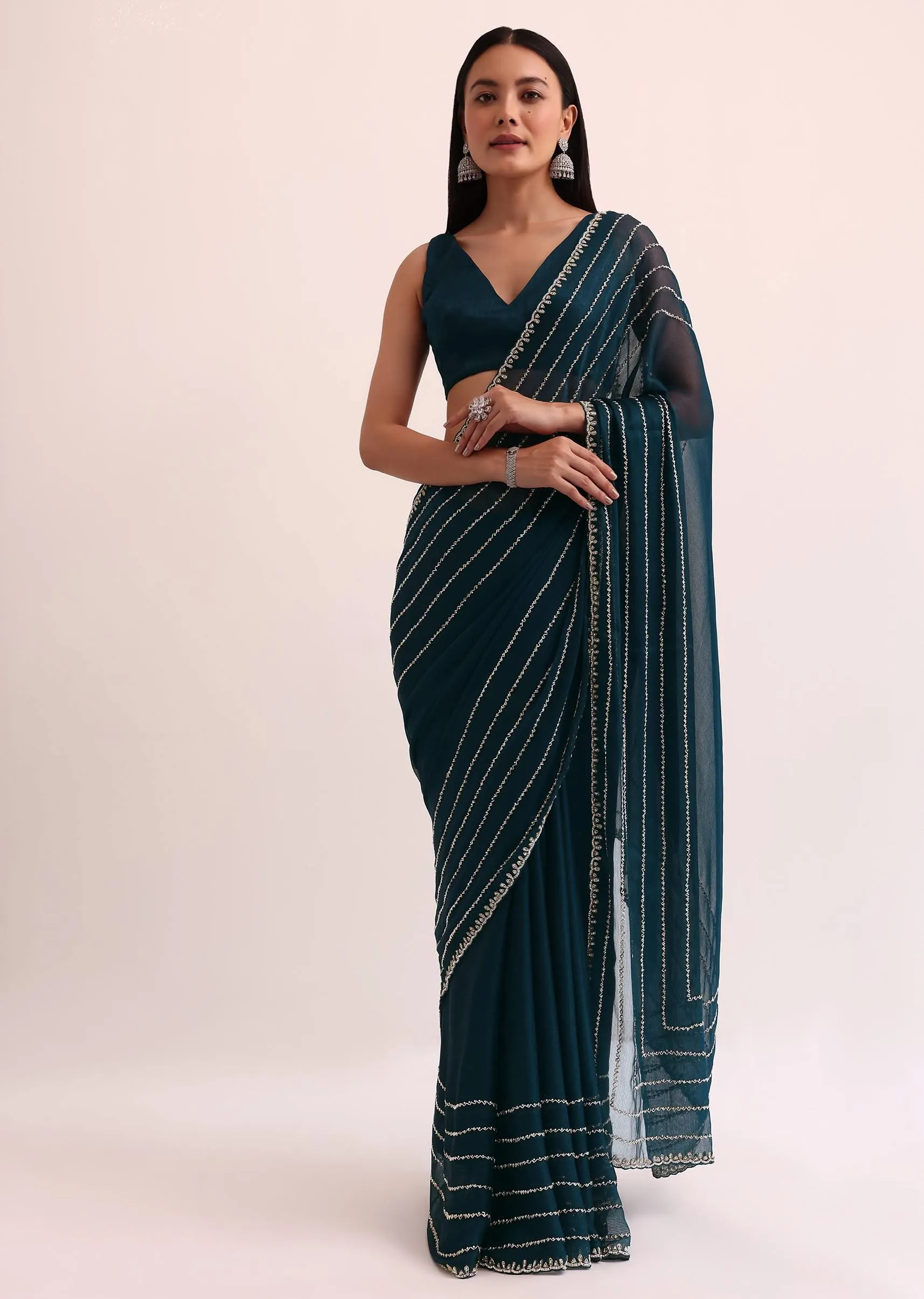 Navy Blue Tissue Saree With Cut Dana Embroidery And Unstitched Blouse